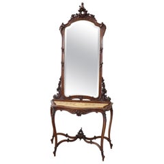 19th Century Italian Carved Walnut Antique Console Table with Mirror
