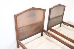 19th Century Italian Carved Walnut Antique Pair of Single Bed with Wien Straw