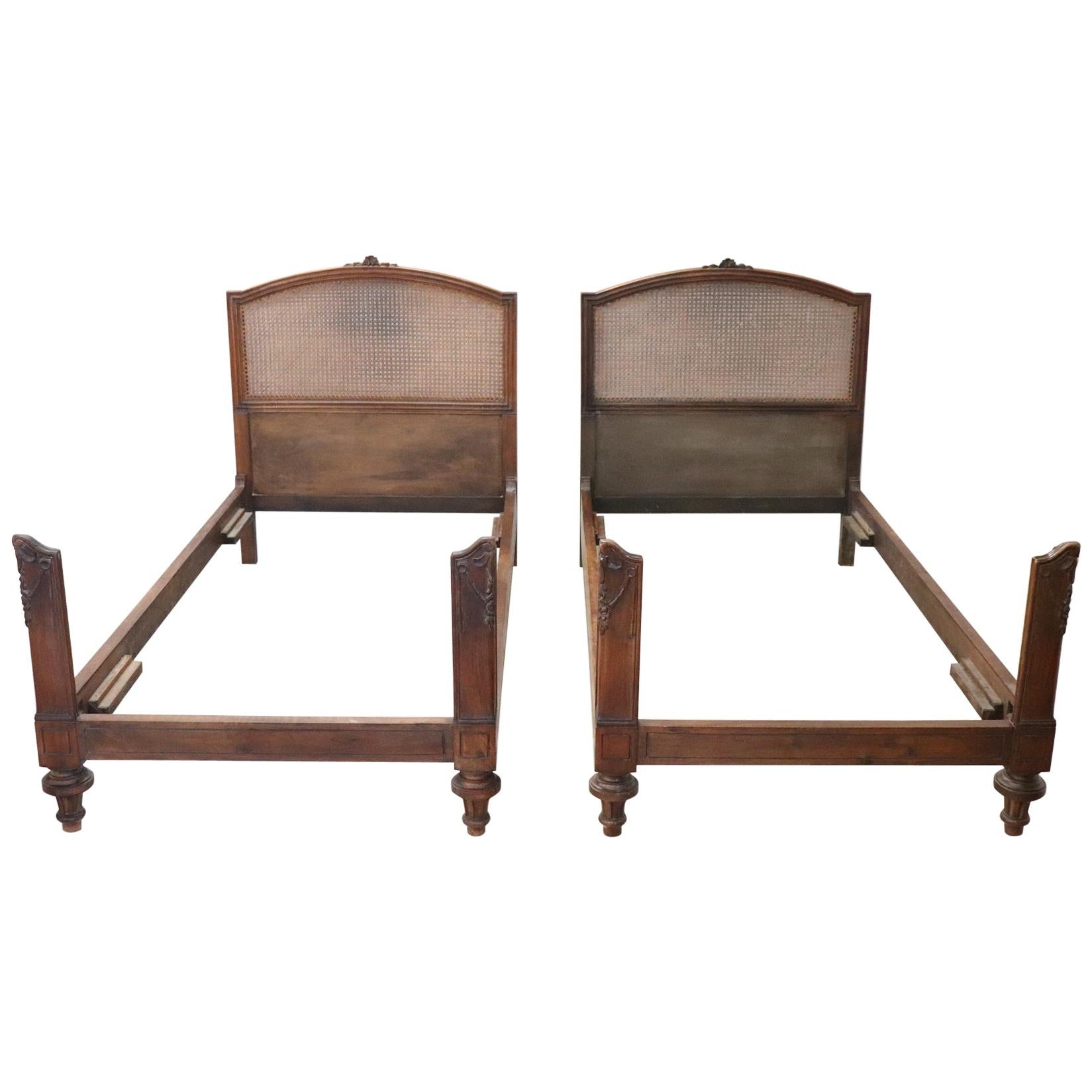 19th Century Italian Carved Walnut Antique Pair of Single Bed with Wien Straw at 1stDibs