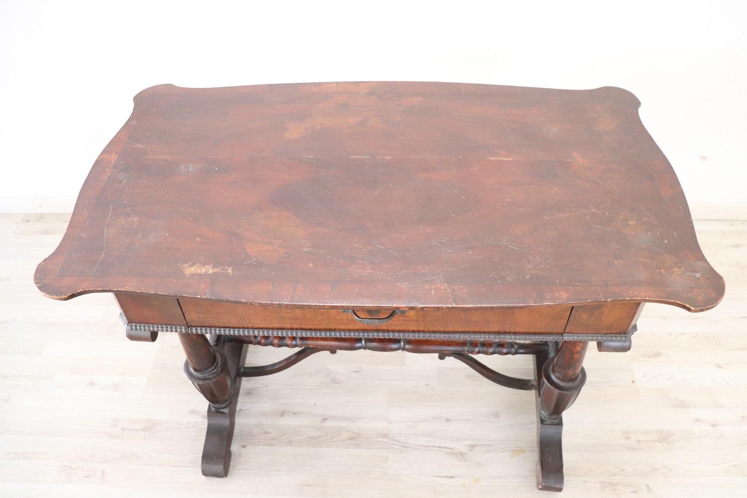 Hand-Carved 19th Century Italian Carved Walnut Antique Writing Desk For Sale