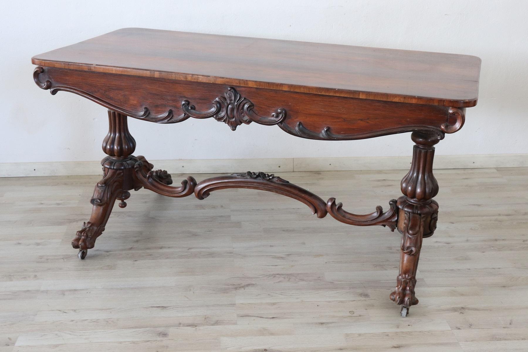 Hand-Carved 19th Century Italian Carved Walnut Antique Writing Desk