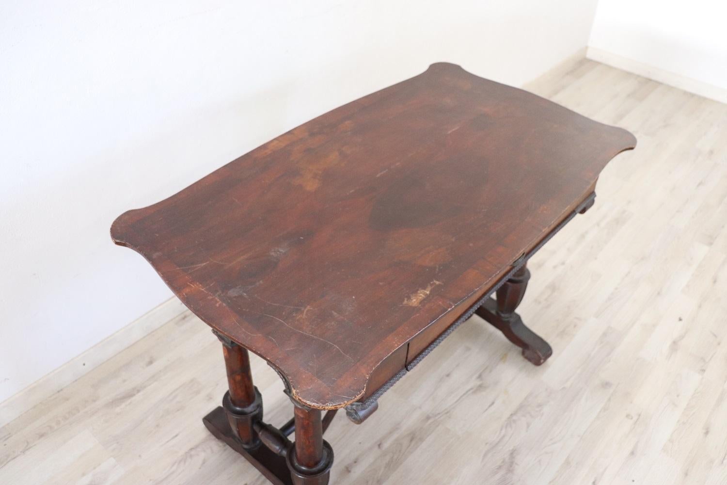 19th Century Italian Carved Walnut Antique Writing Desk For Sale 1