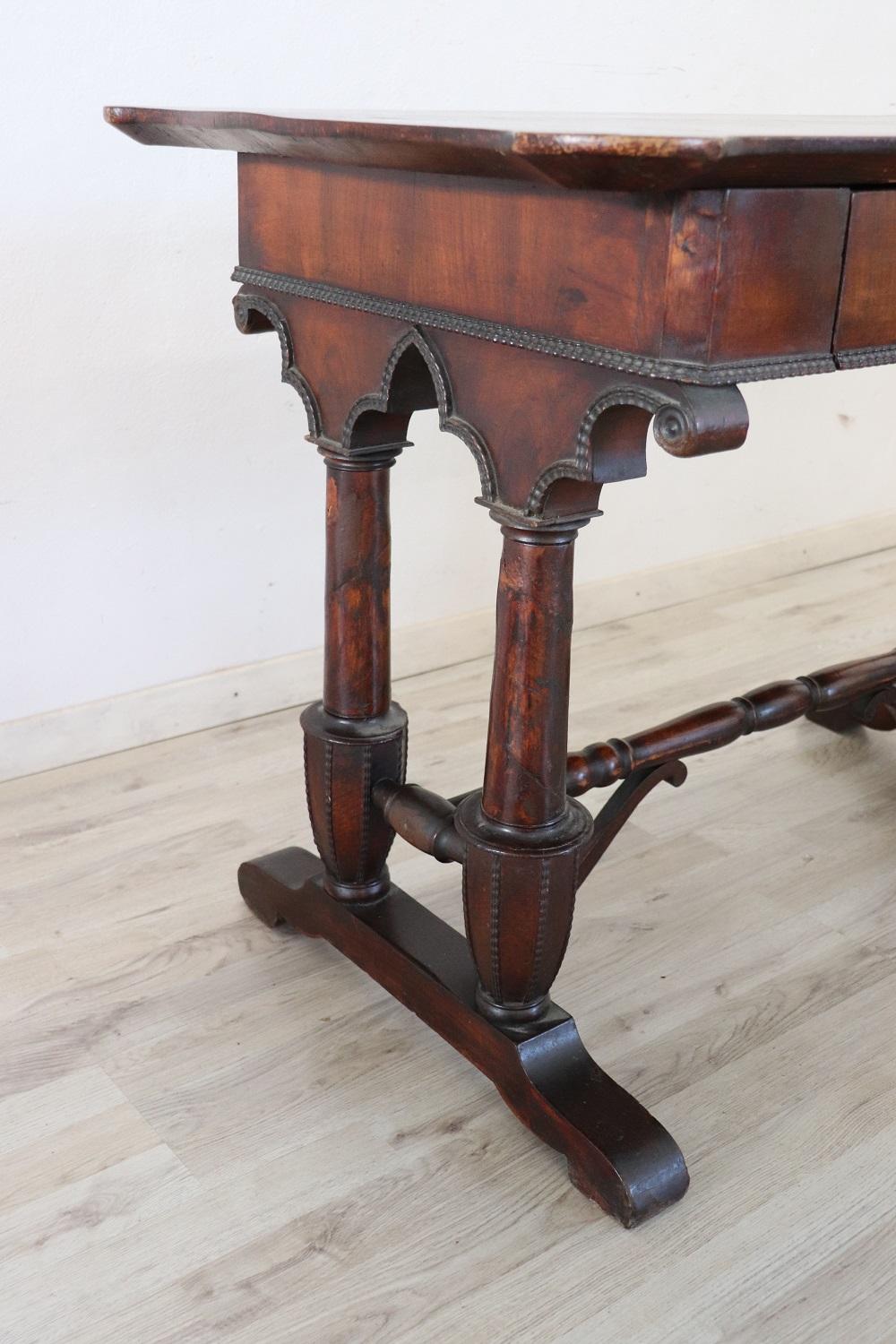 19th Century Italian Carved Walnut Antique Writing Desk For Sale 2