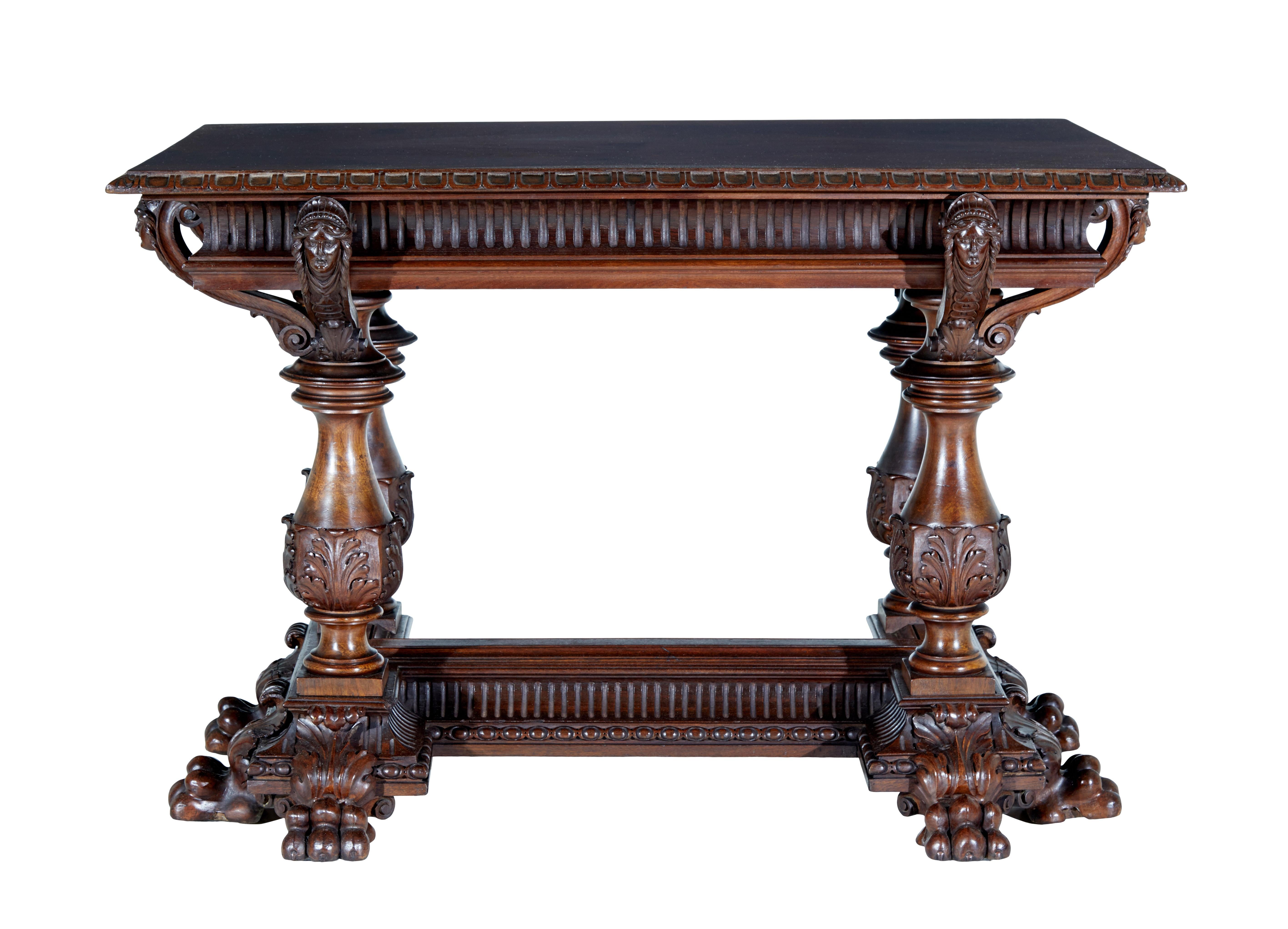 19th century Italian carved walnut center table circa 1870.

Profusely carved walnut table of the finest quality.  This table could function in multiple roles around the home, such as a desk, library, center or hall table.

Rectangular top with