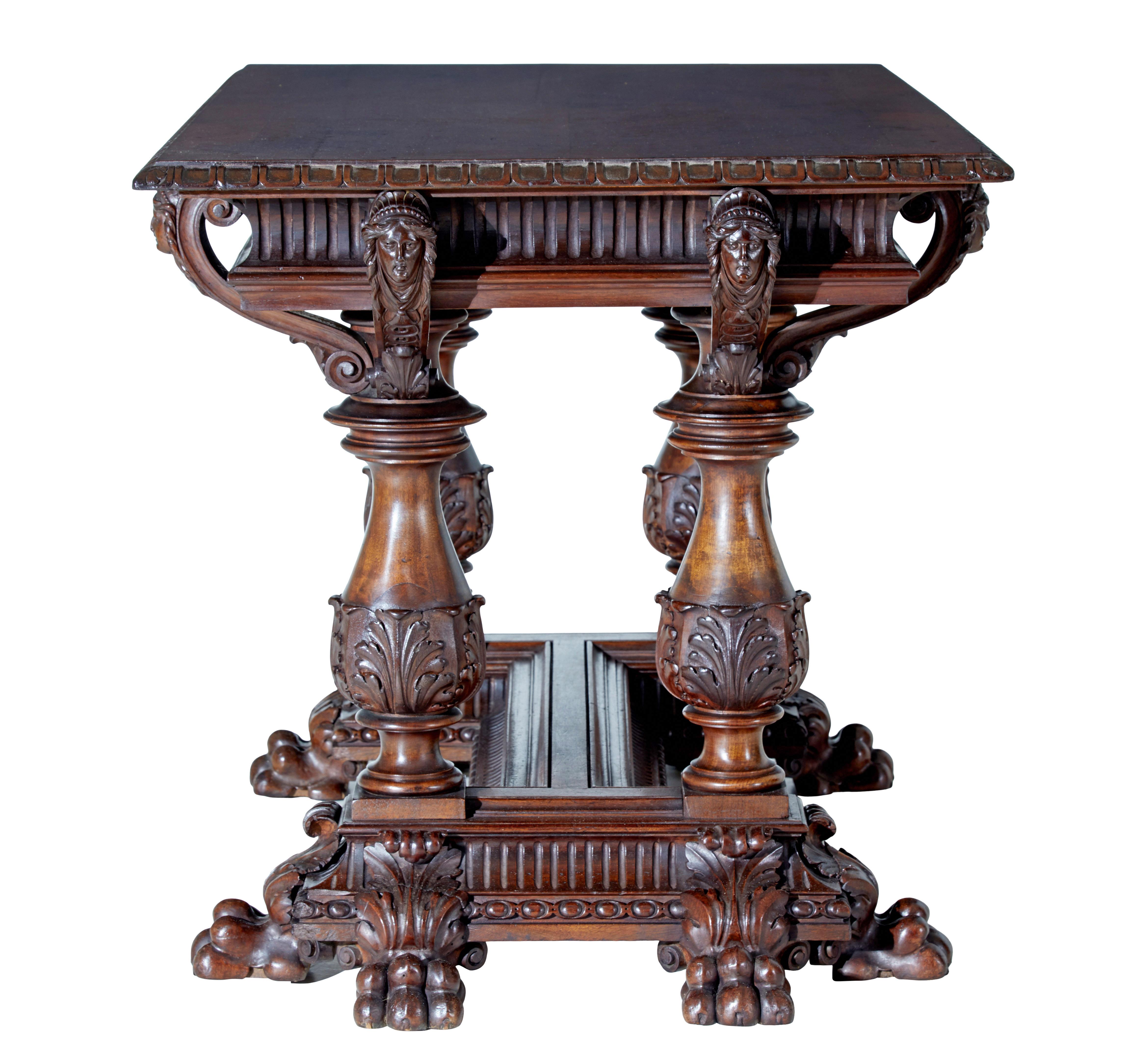 Gothic Revival 19th century Italian carved walnut center table