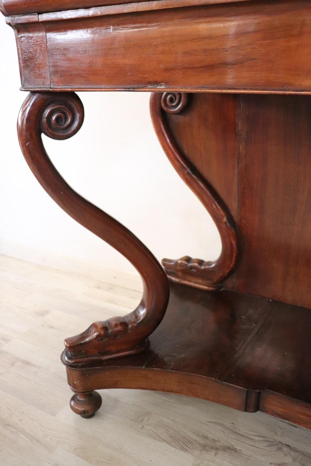Early 19th Century 19th Century Italian Carved Walnut Charle X Antique Console Table For Sale