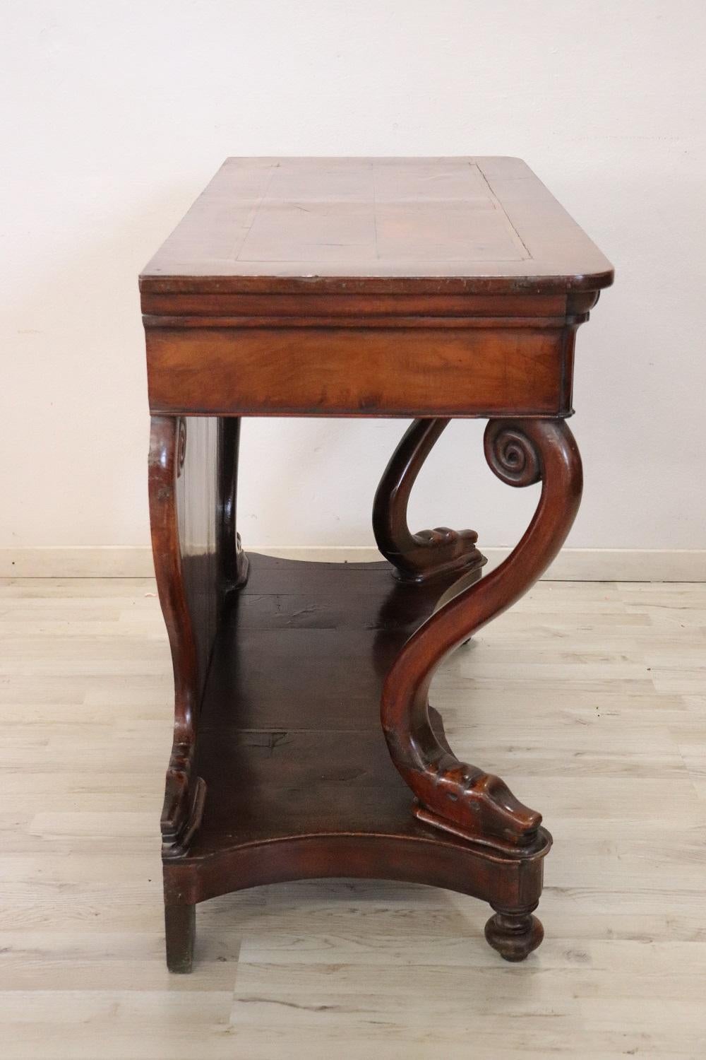 19th Century Italian Carved Walnut Charle X Antique Console Table For Sale 4