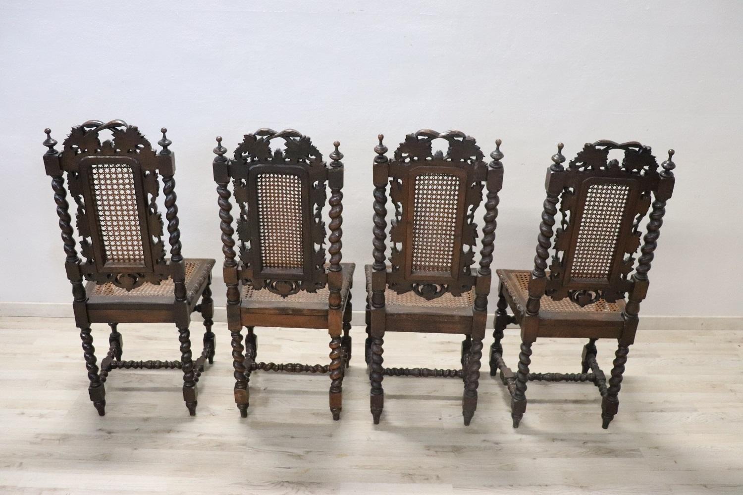 19th Century Italian Carved Walnut Dining Chairs with Vienna Straw, Set of 4 For Sale 5