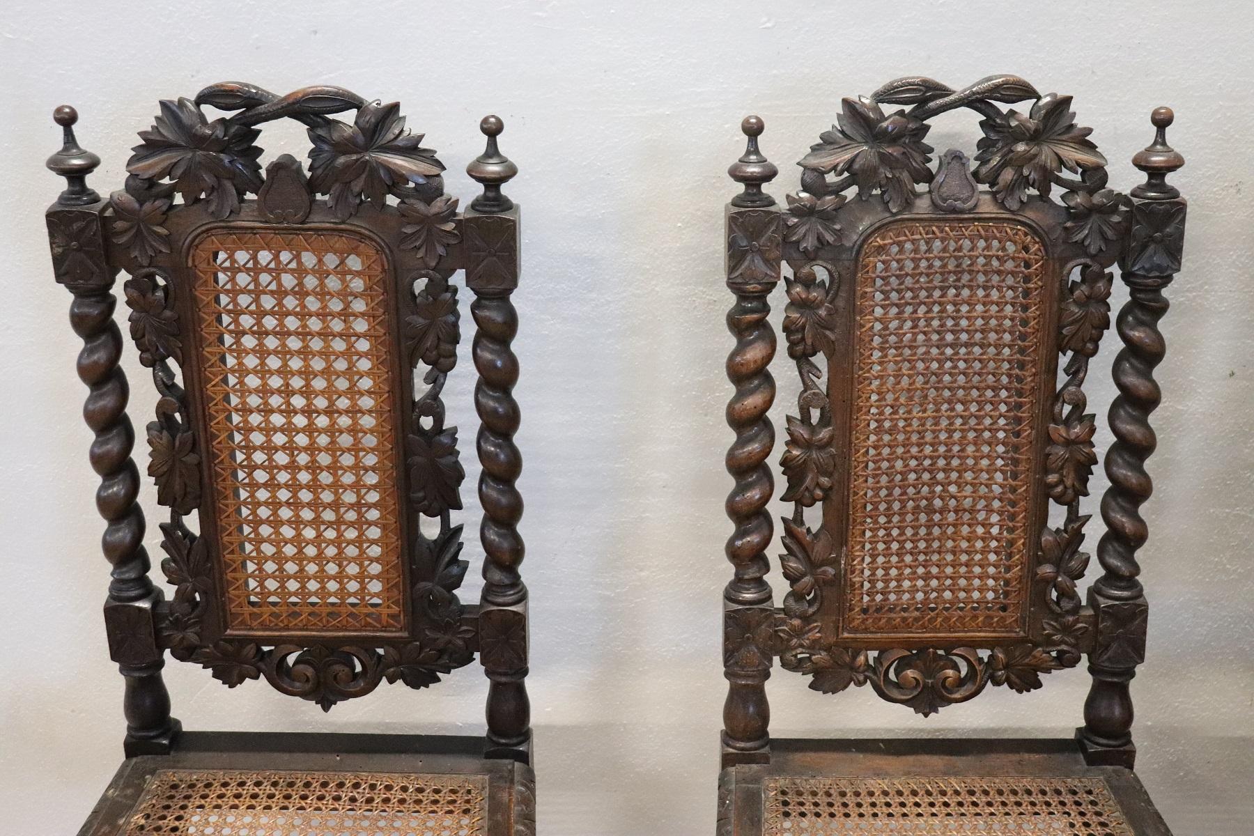 Very rare series of four dining room chairs production of Italy cabinetmakers in renaissance style, 1880. Beautiful line with turned legs. The backrest of these chairs is high with a richly carved walnut decoration. Of great value is the original