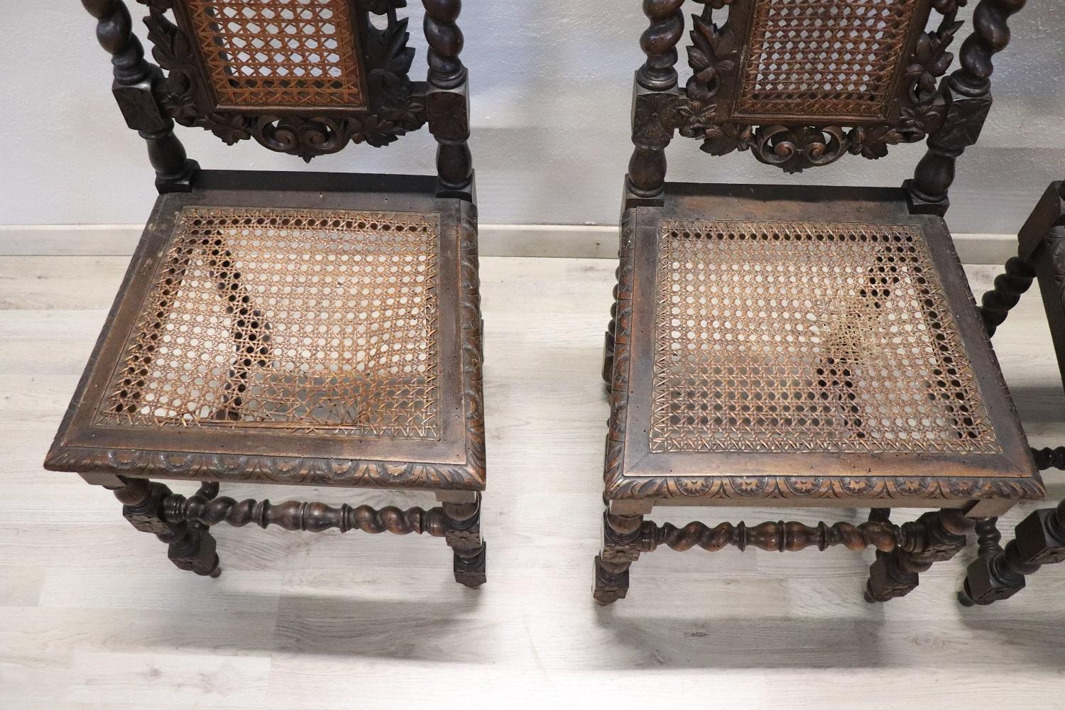Late 19th Century 19th Century Italian Carved Walnut Dining Chairs with Vienna Straw, Set of 4 For Sale