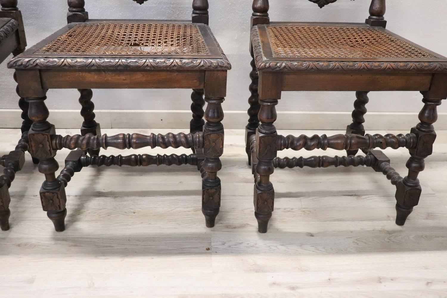 19th Century Italian Carved Walnut Dining Chairs with Vienna Straw, Set of 4 For Sale 3