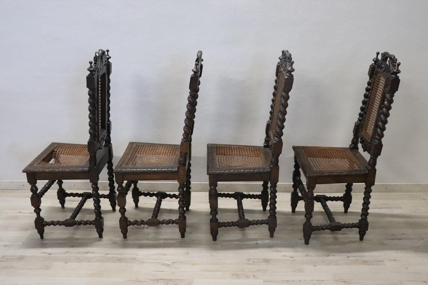 19th Century Italian Carved Walnut Dining Chairs with Vienna Straw, Set of 4 For Sale 4