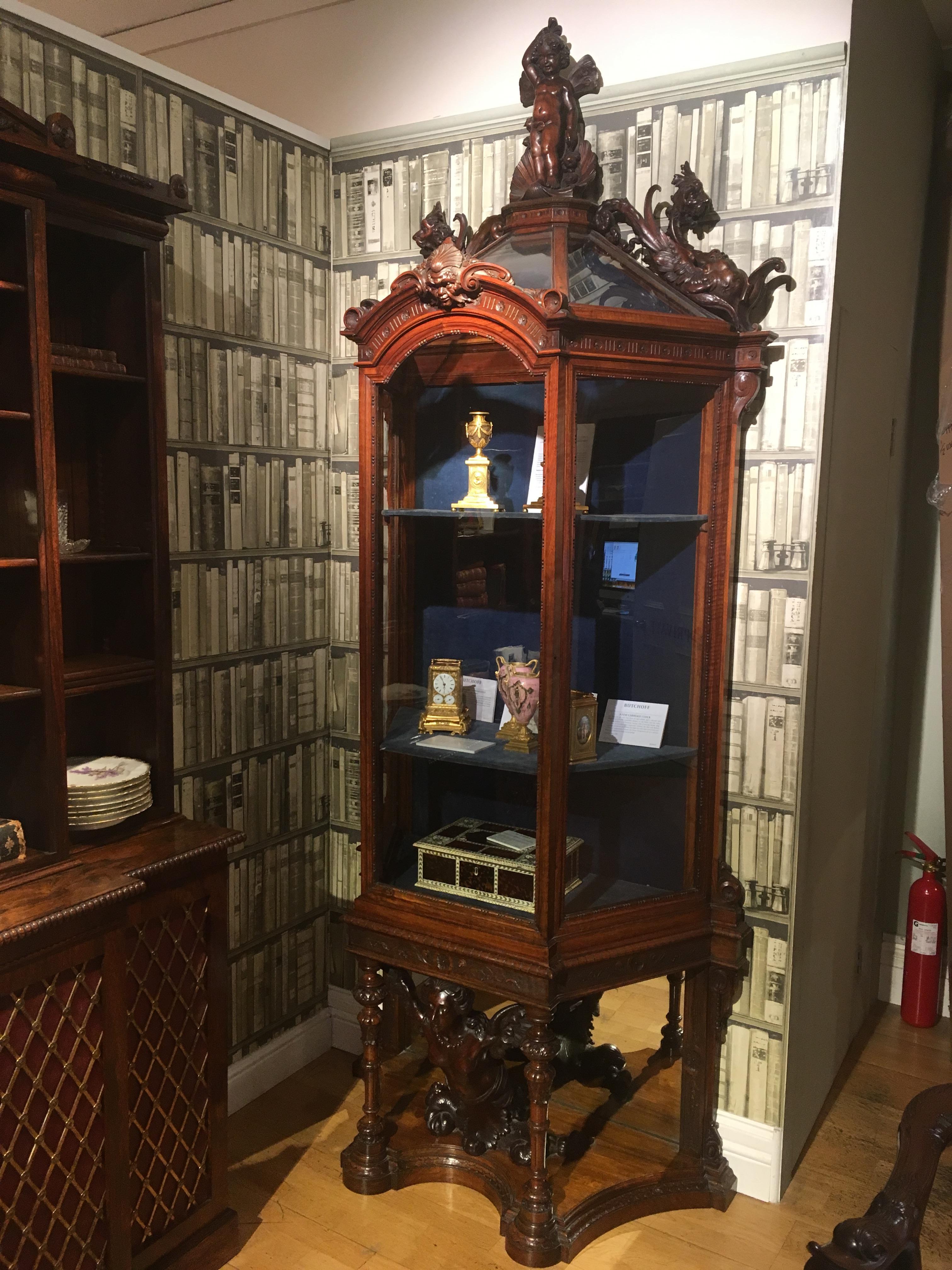 Baroque Revival 19th Century Italian Carved Walnut Display Cabinet For Sale