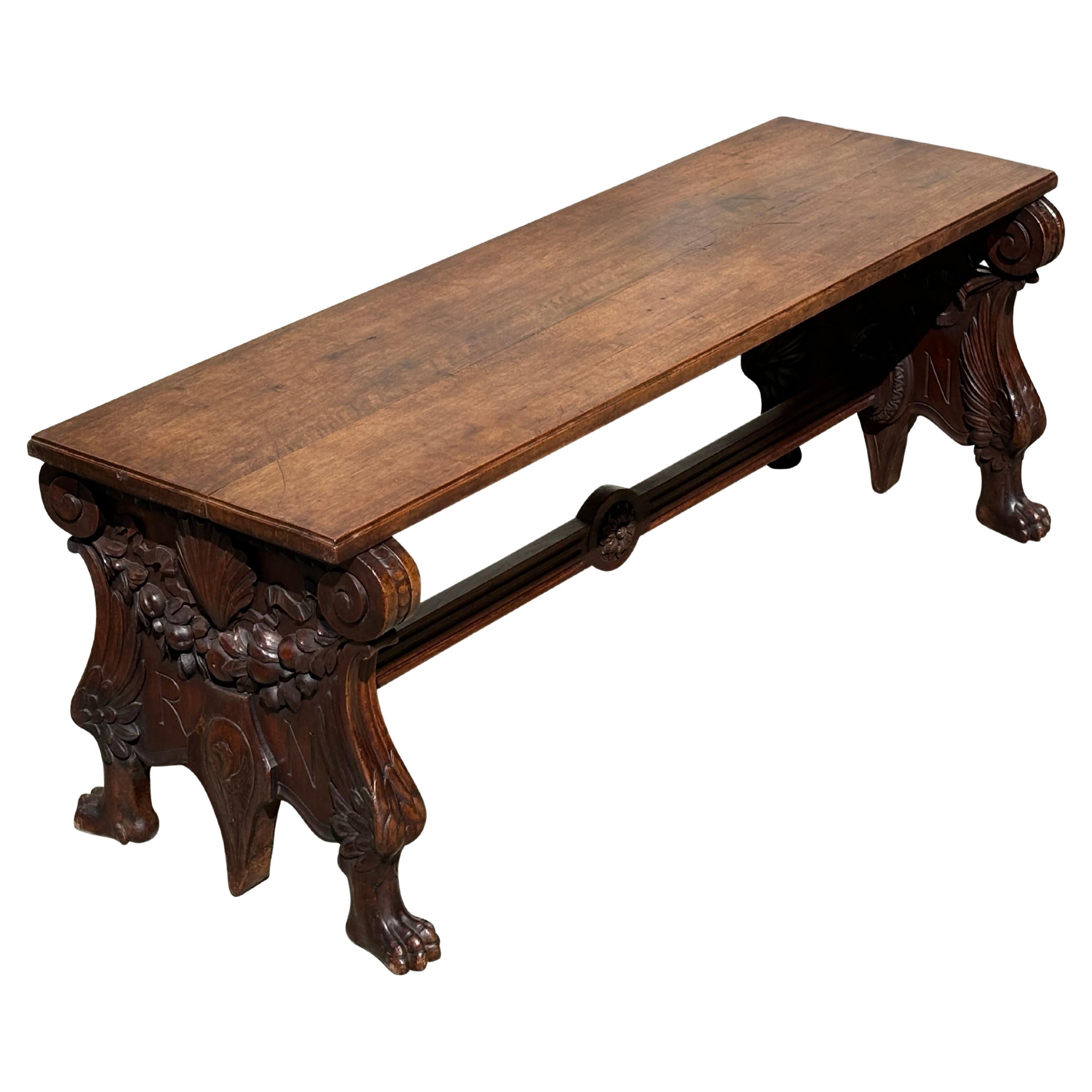 19th Century Italian Carved Walnut Hall Bench