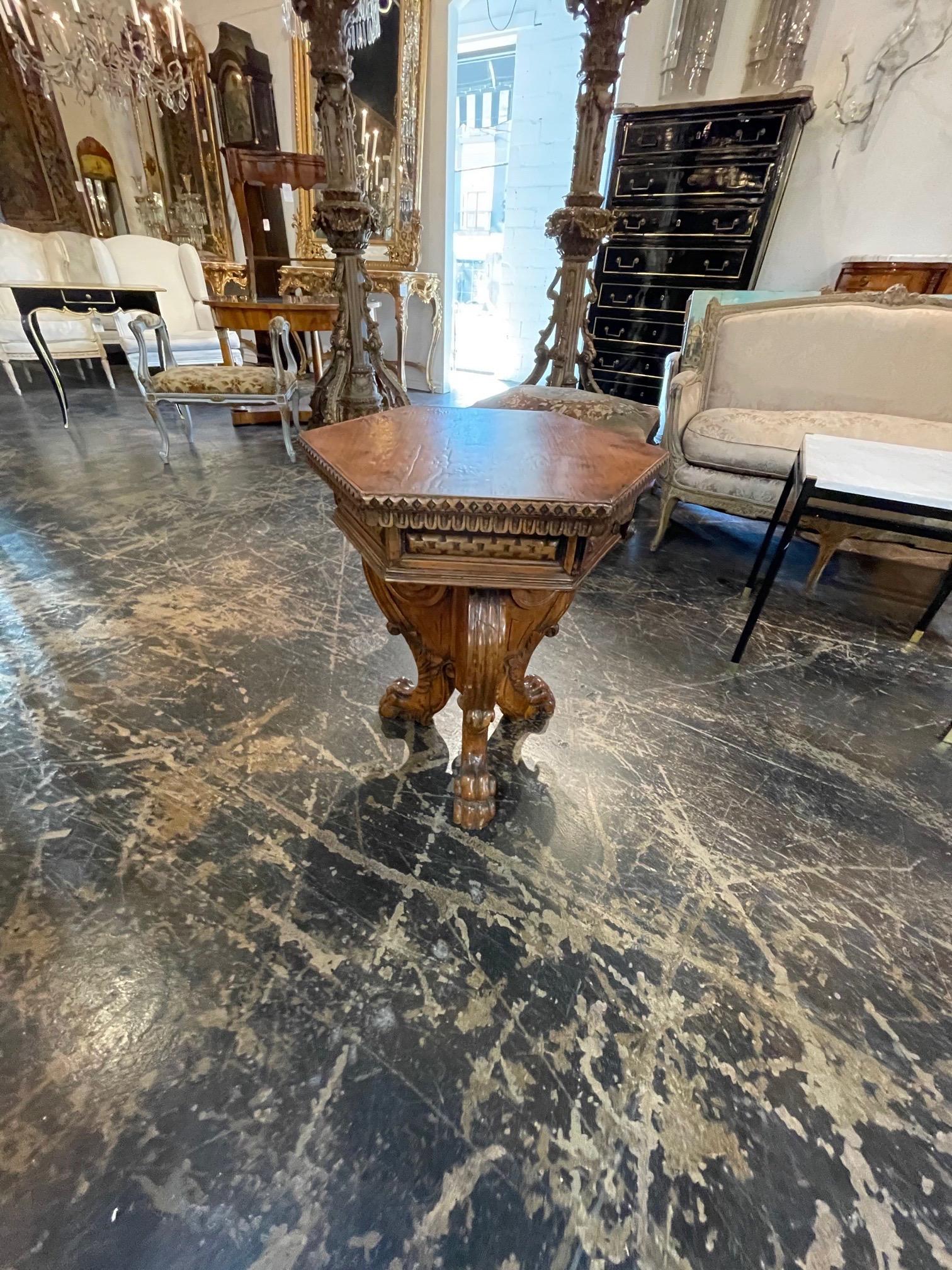 19th Century Italian Carved Walnut Hexagonal Side Table 1