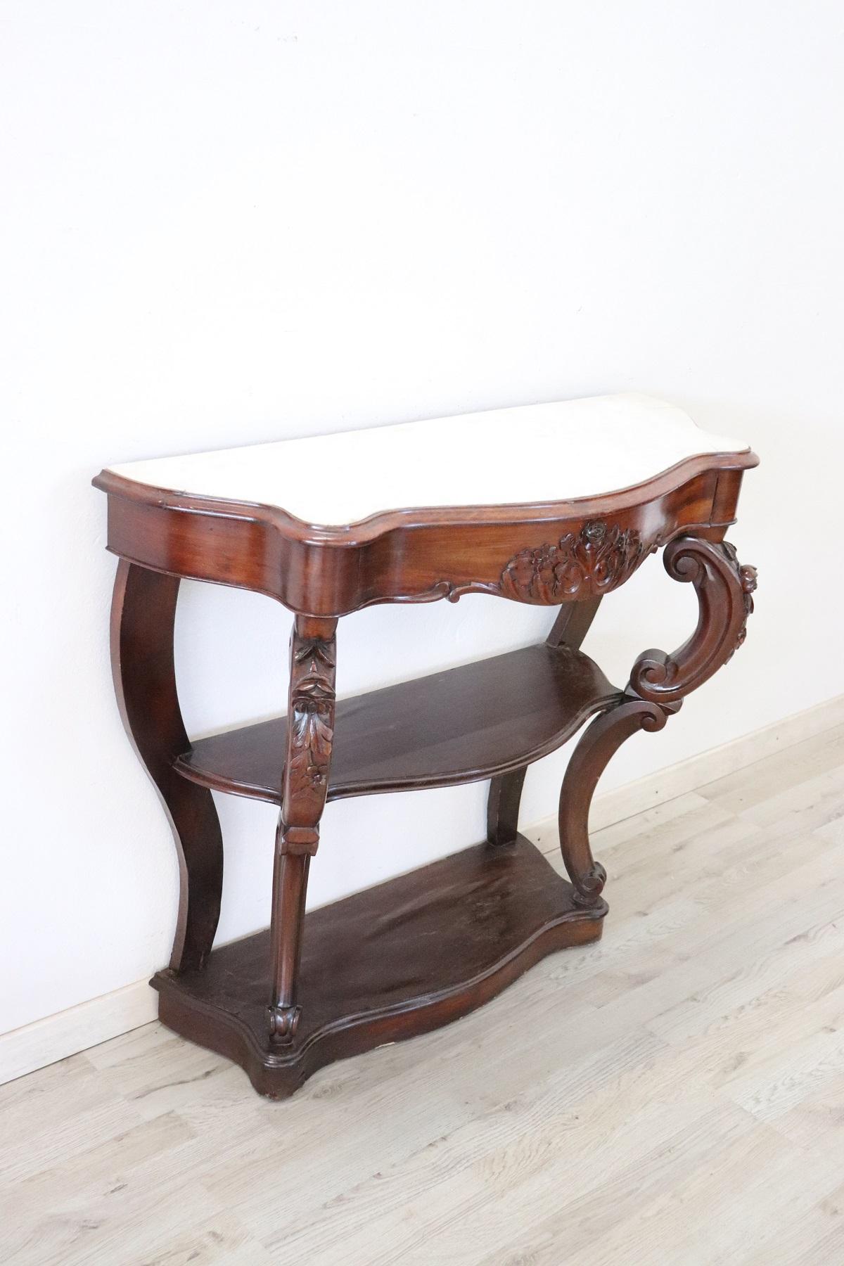 19th Century Italian Carved Walnut Louis Philippe Console Table with Marble Top In Fair Condition In Casale Monferrato, IT