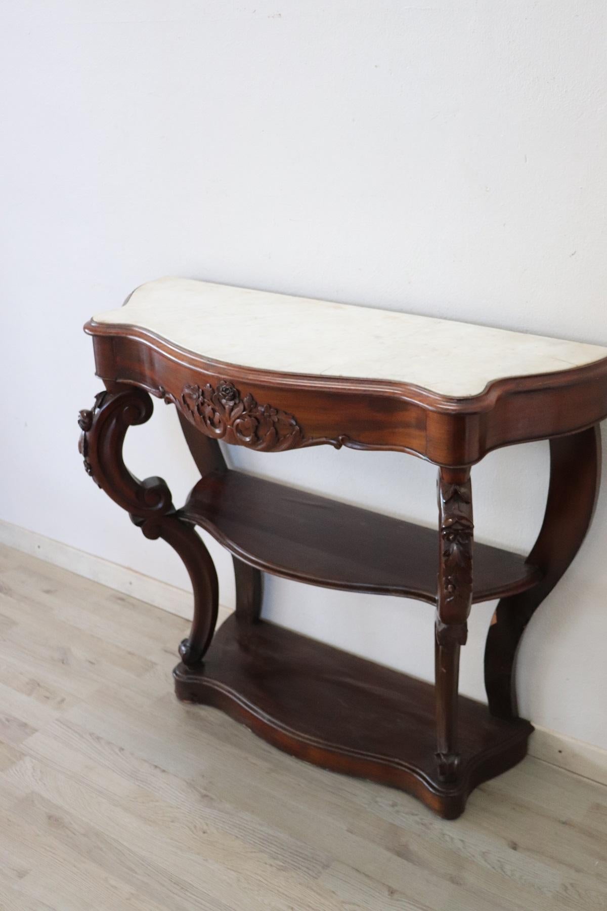 Mid-19th Century 19th Century Italian Carved Walnut Louis Philippe Console Table with Marble Top