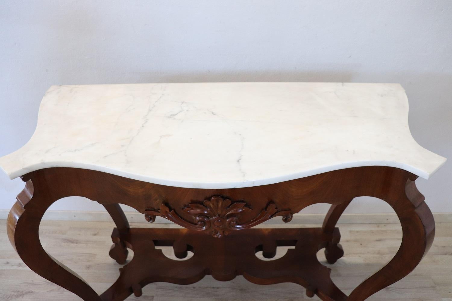19th Century Italian Carved Walnut Louis Philippe Console Table with Marble Top 2