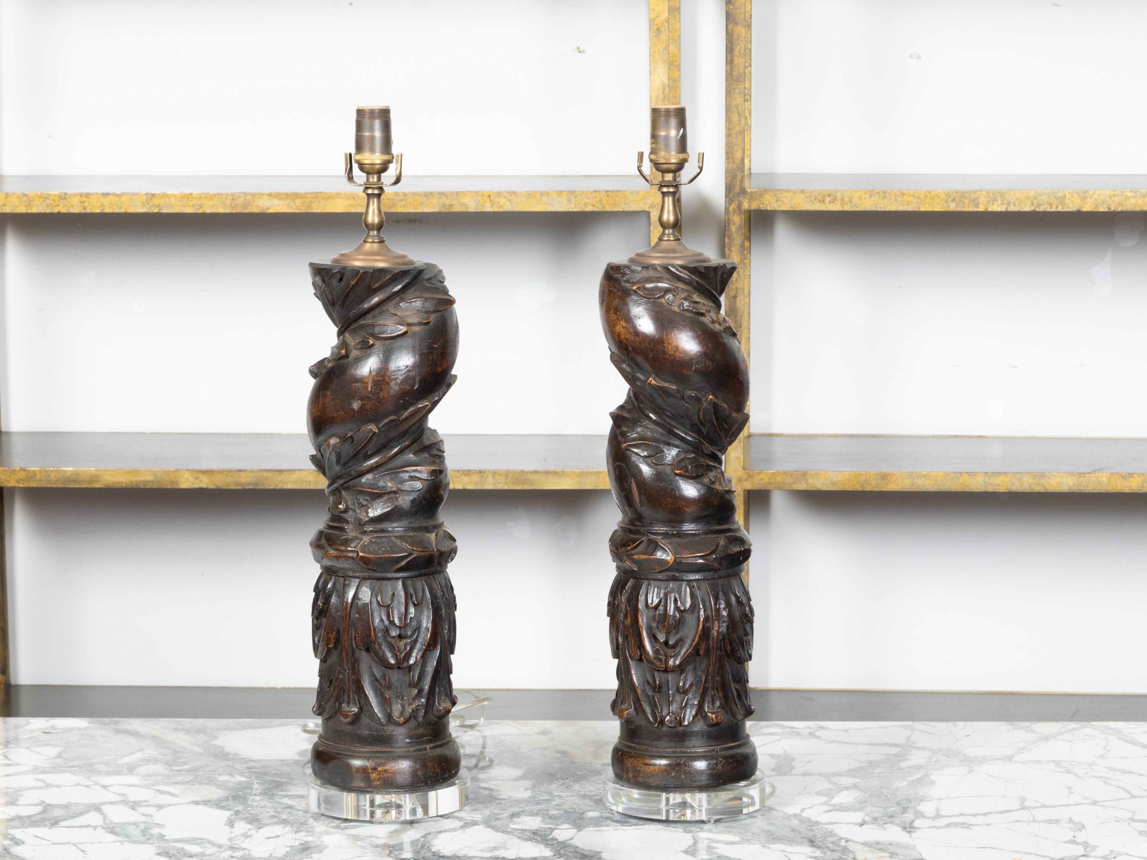 Lucite 19th Century Italian Carved Walnut Solomonic Columns Made into Us-Wired Lamps For Sale
