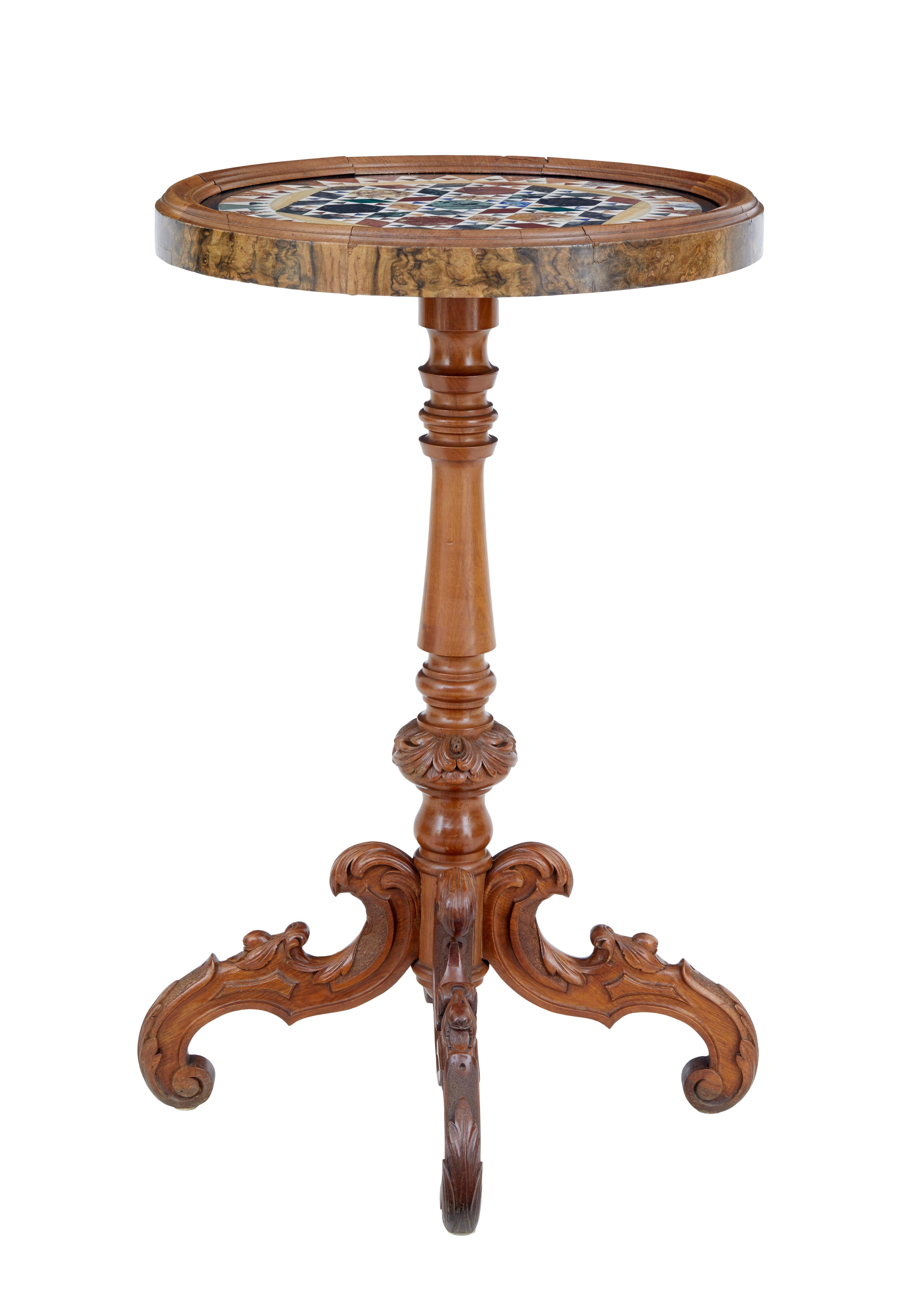 Good quality Pietra Dura specimen marble-top table, circa 1880.

Beautiful circular marble top showcasing various samples of colored marble into a symmetrical pattern, secured in place by a walnut slip with burr veneer around the outer