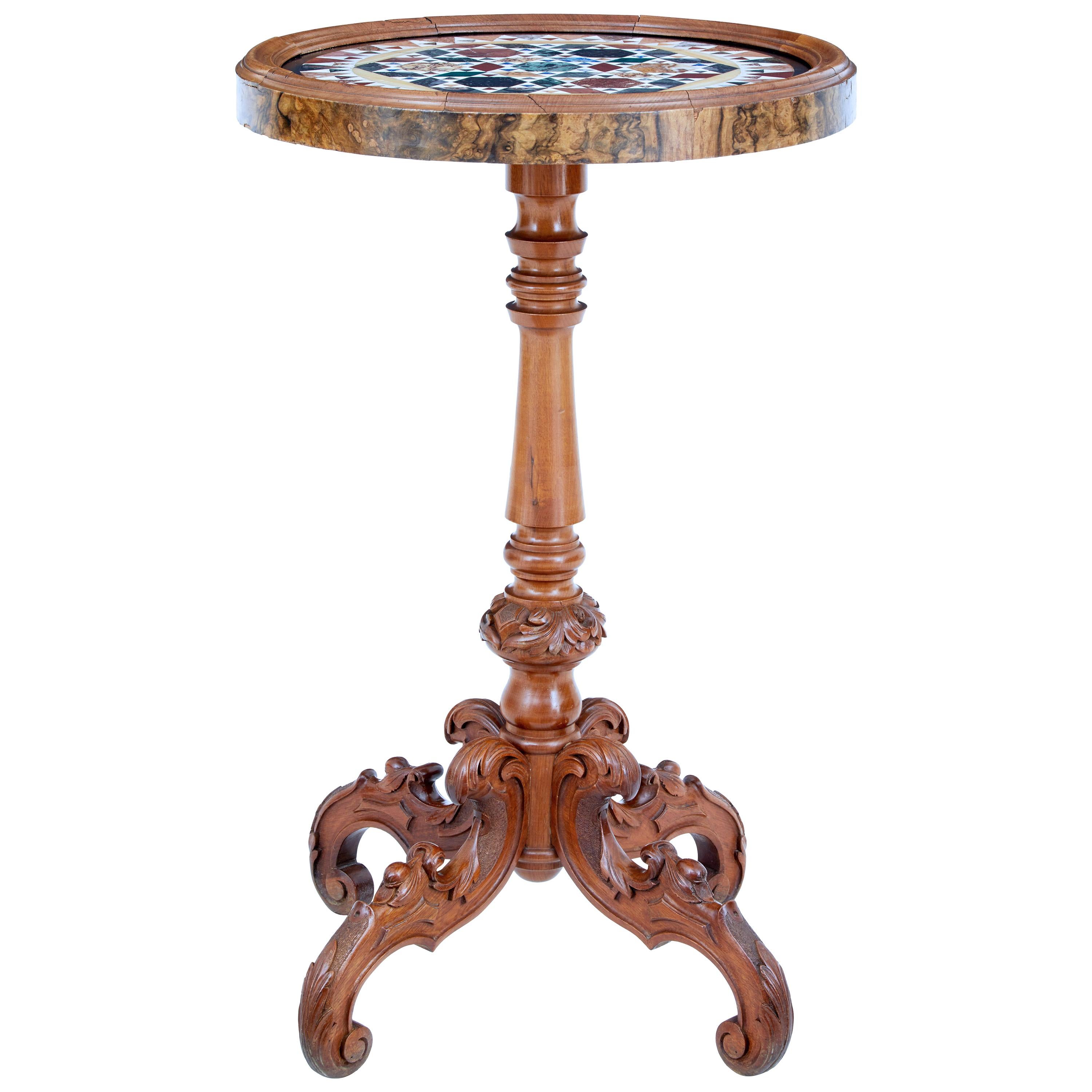 19th Century Italian Carved Walnut Specimen Marble-Top Side Table