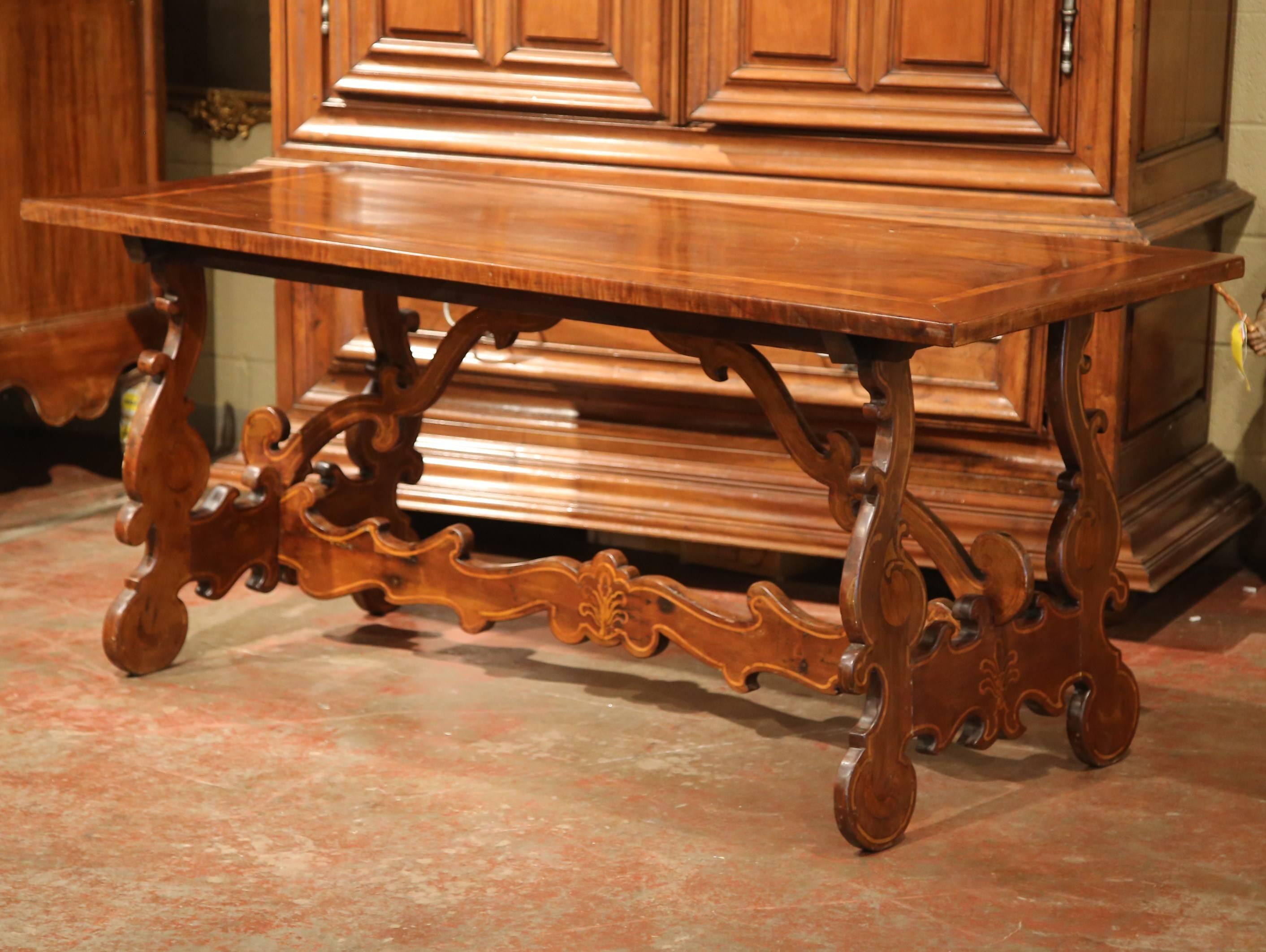19th Century Italian Carved Walnut Trestle Table with Decorative Inlay Motifs In Excellent Condition In Dallas, TX