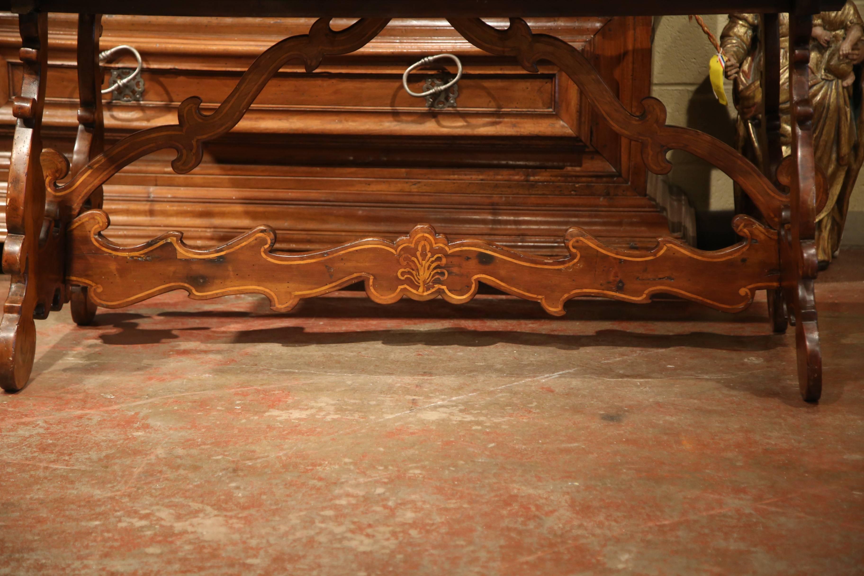 Cherry 19th Century Italian Carved Walnut Trestle Table with Decorative Inlay Motifs