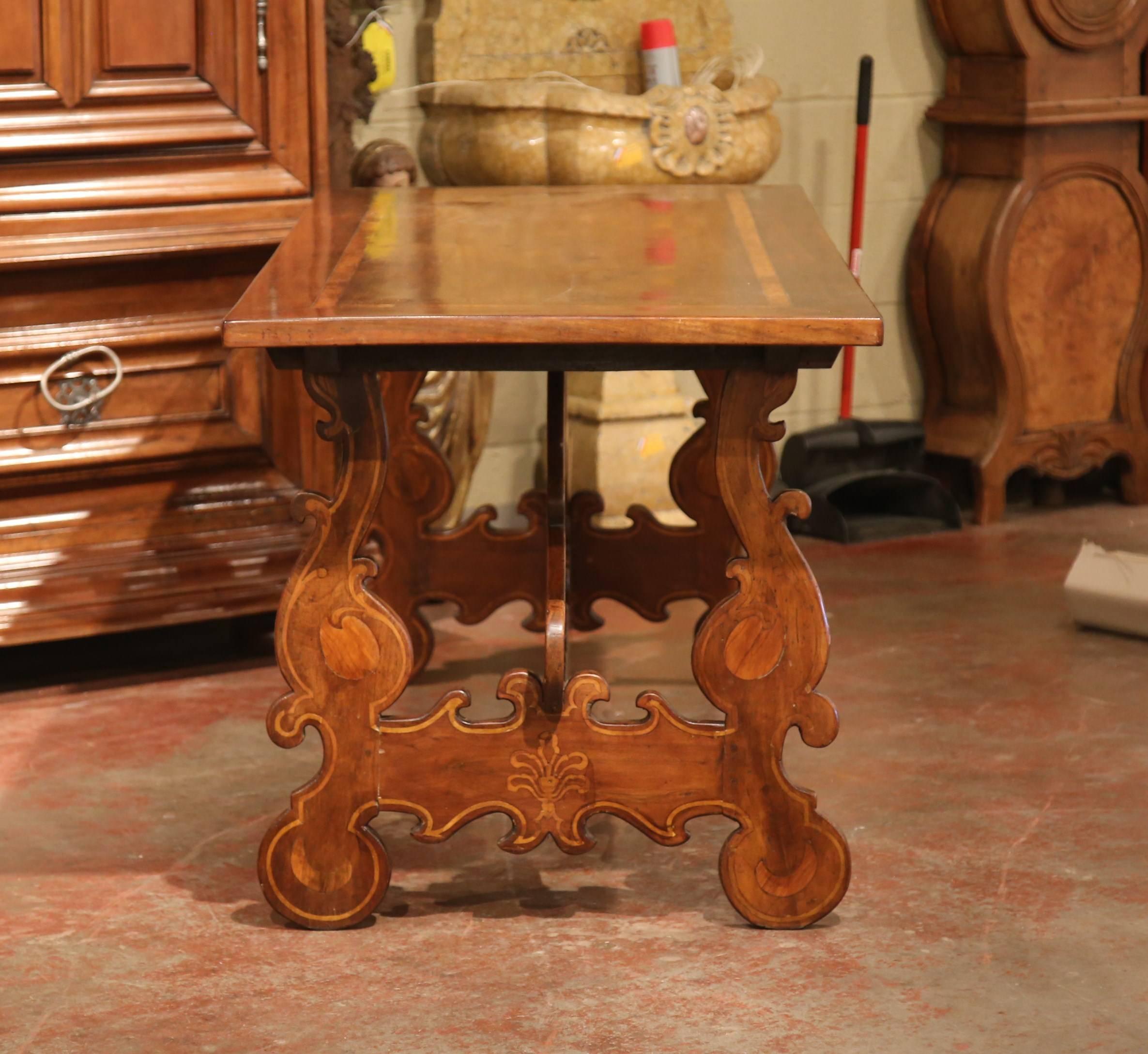 19th Century Italian Carved Walnut Trestle Table with Decorative Inlay Motifs 1