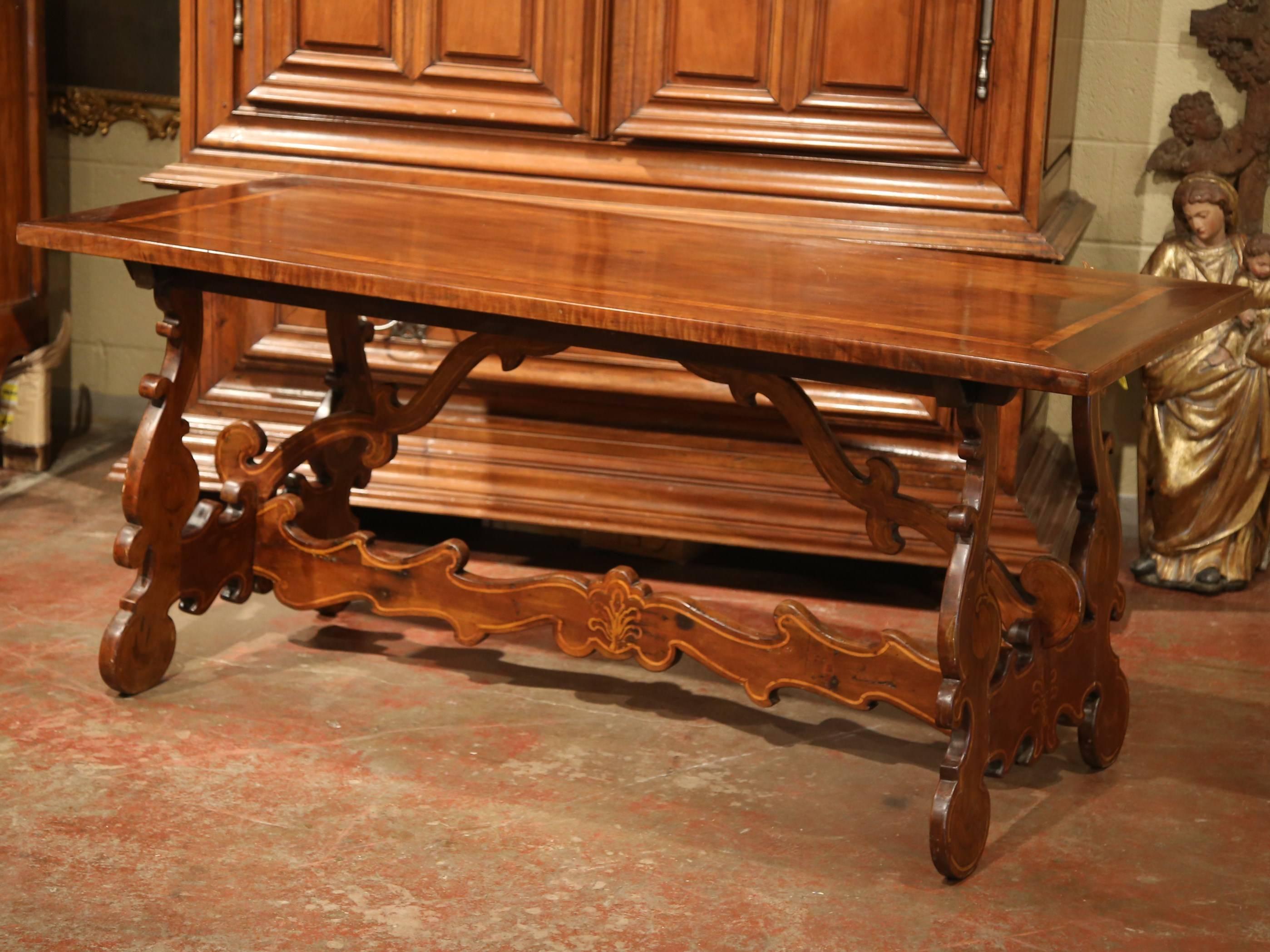 19th Century Italian Carved Walnut Trestle Table with Decorative Inlay Motifs 3