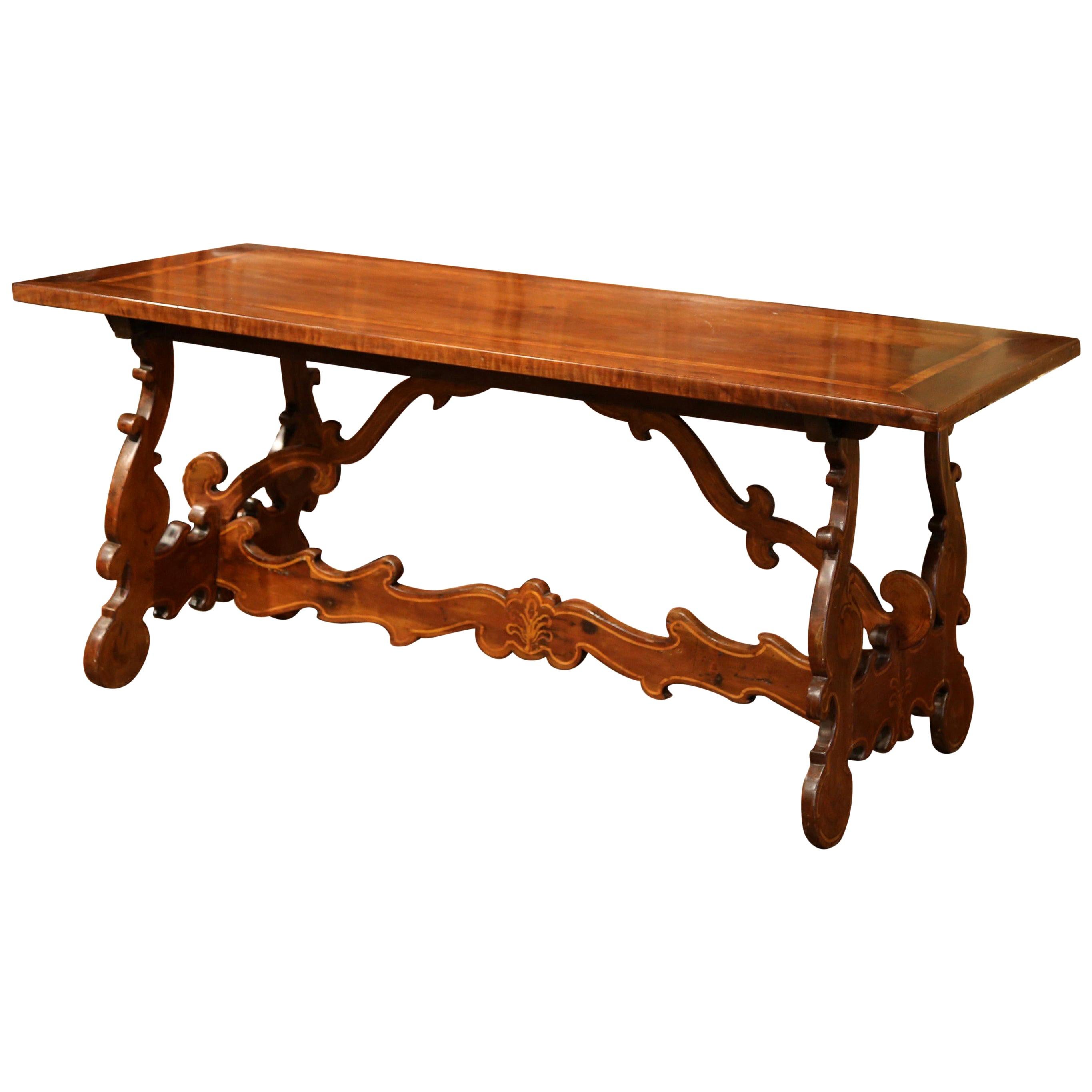 19th Century Italian Carved Walnut Trestle Table with Decorative Inlay Motifs