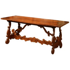 19th Century Italian Carved Walnut Trestle Table with Decorative Inlay Motifs