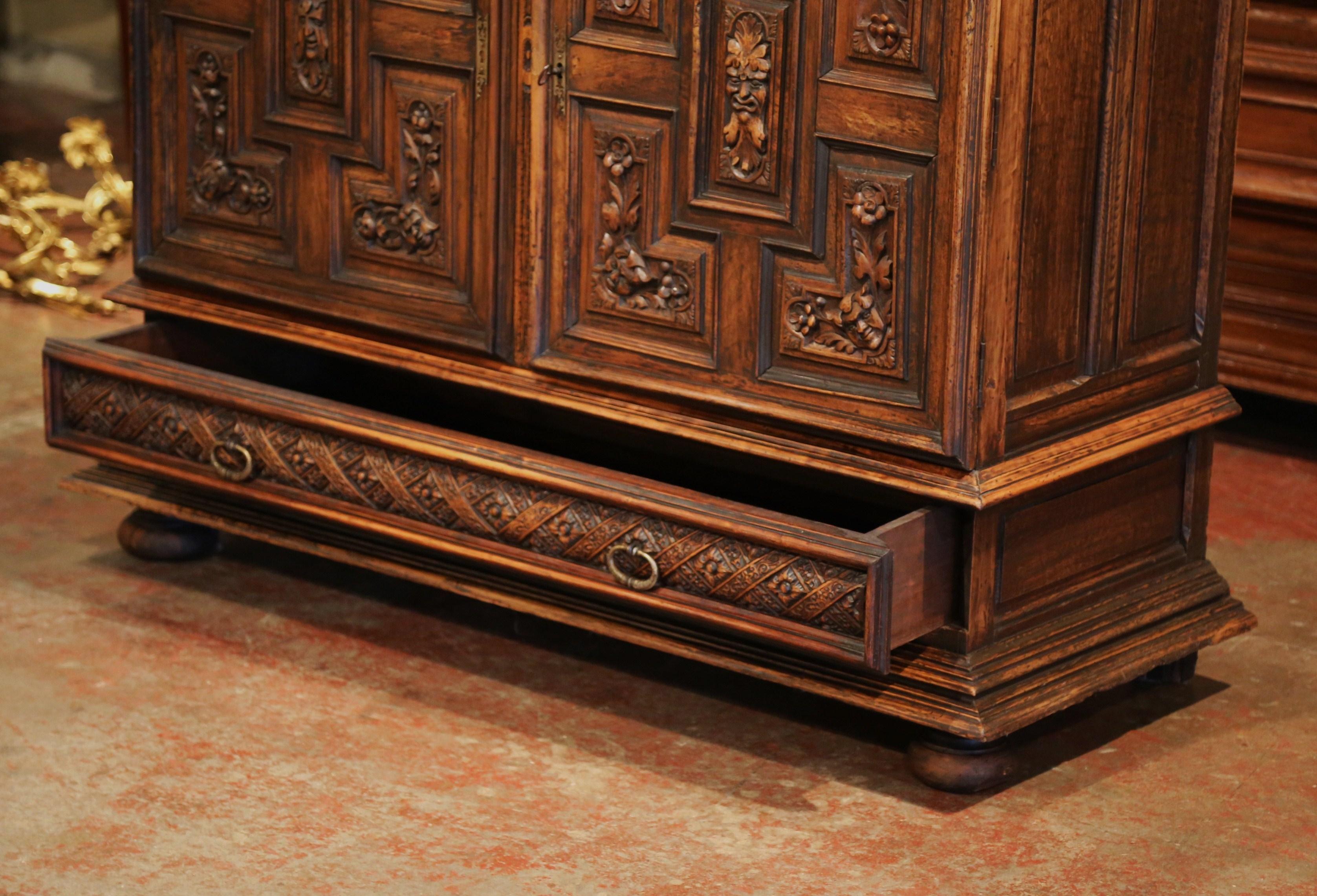 19th Century Italian Carved Walnut Two-Door Buffet Cabinet with Bottom Drawer 6