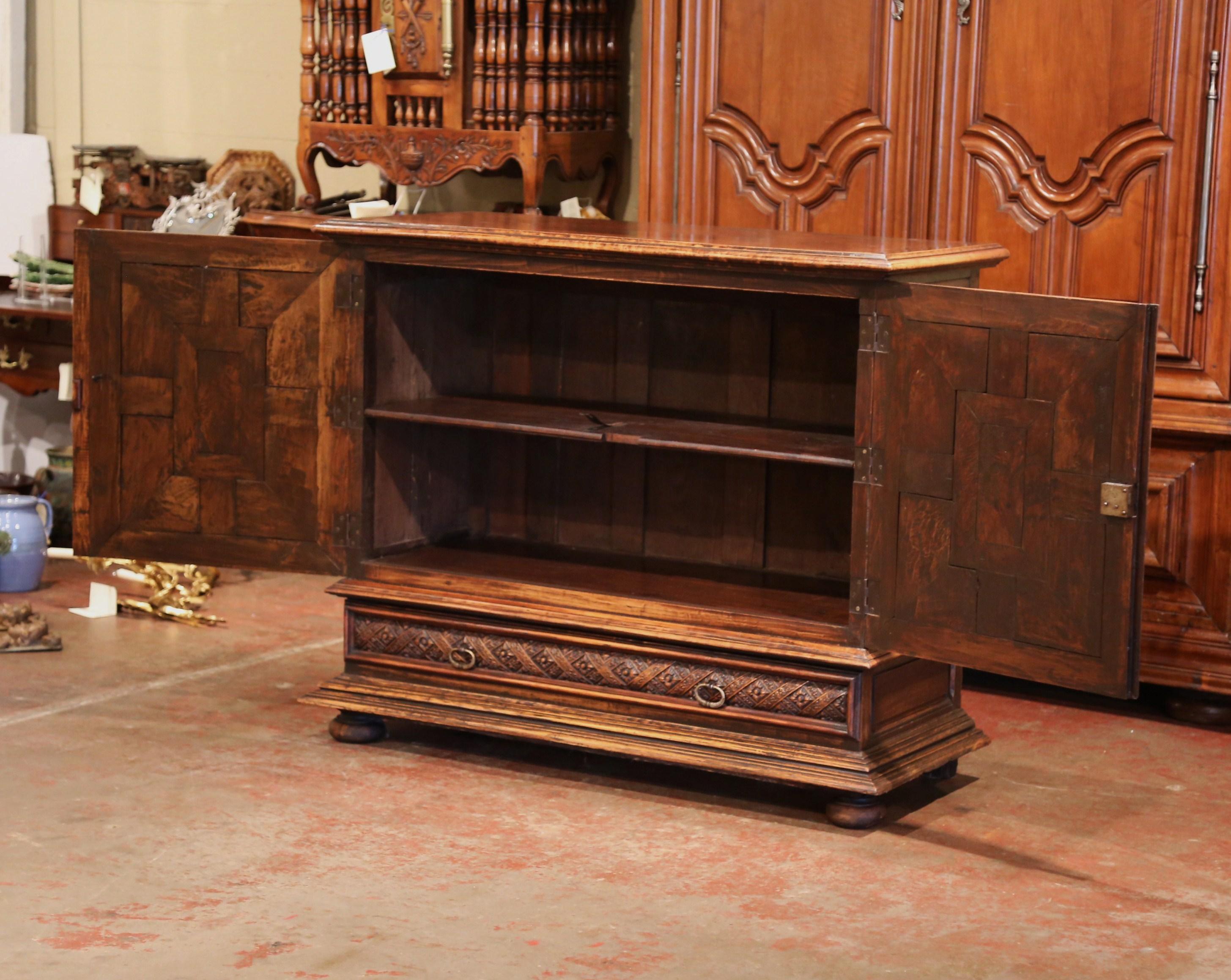 Patinated 19th Century Italian Carved Walnut Two-Door Buffet Cabinet with Bottom Drawer