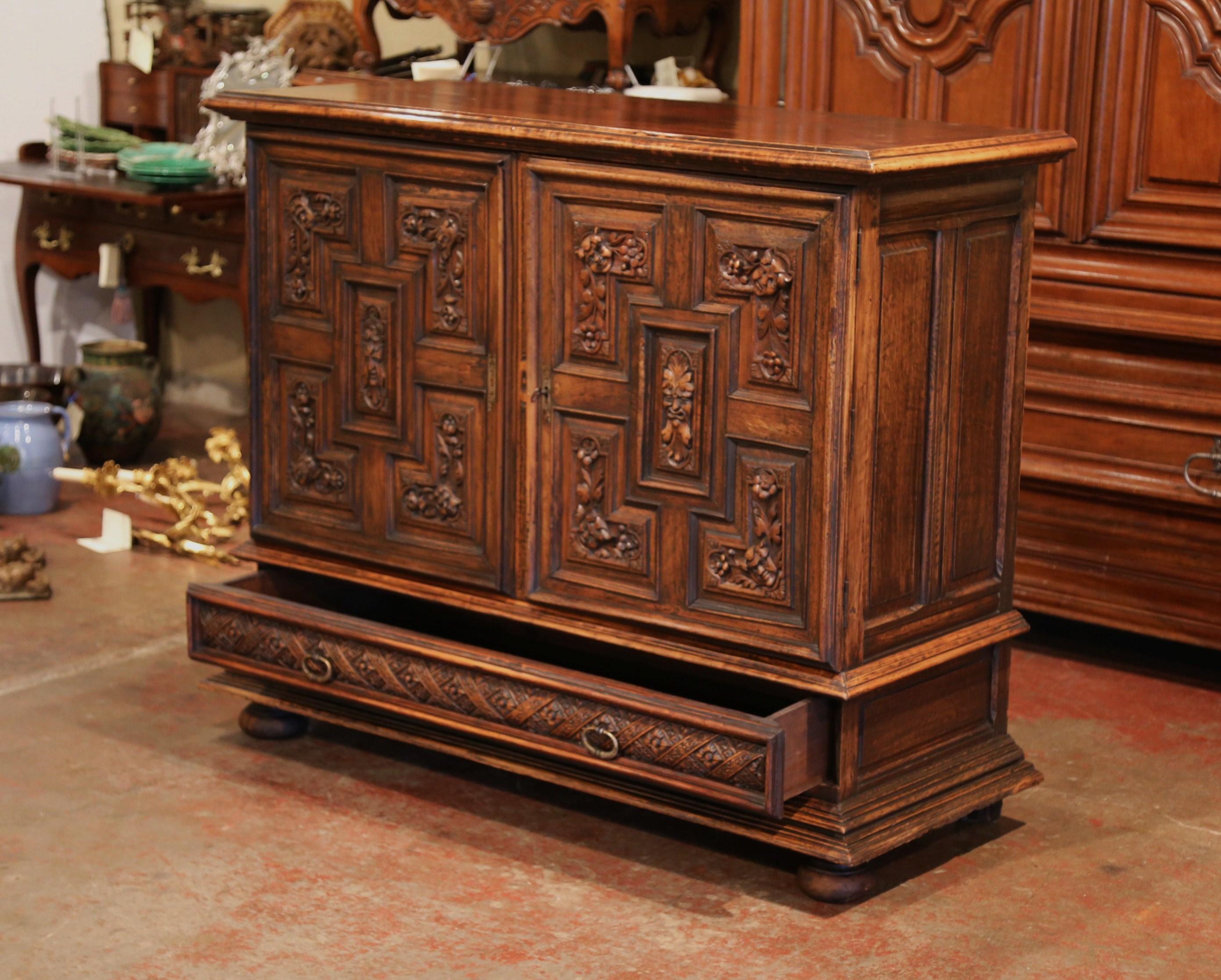 19th Century Italian Carved Walnut Two-Door Buffet Cabinet with Bottom Drawer In Excellent Condition In Dallas, TX