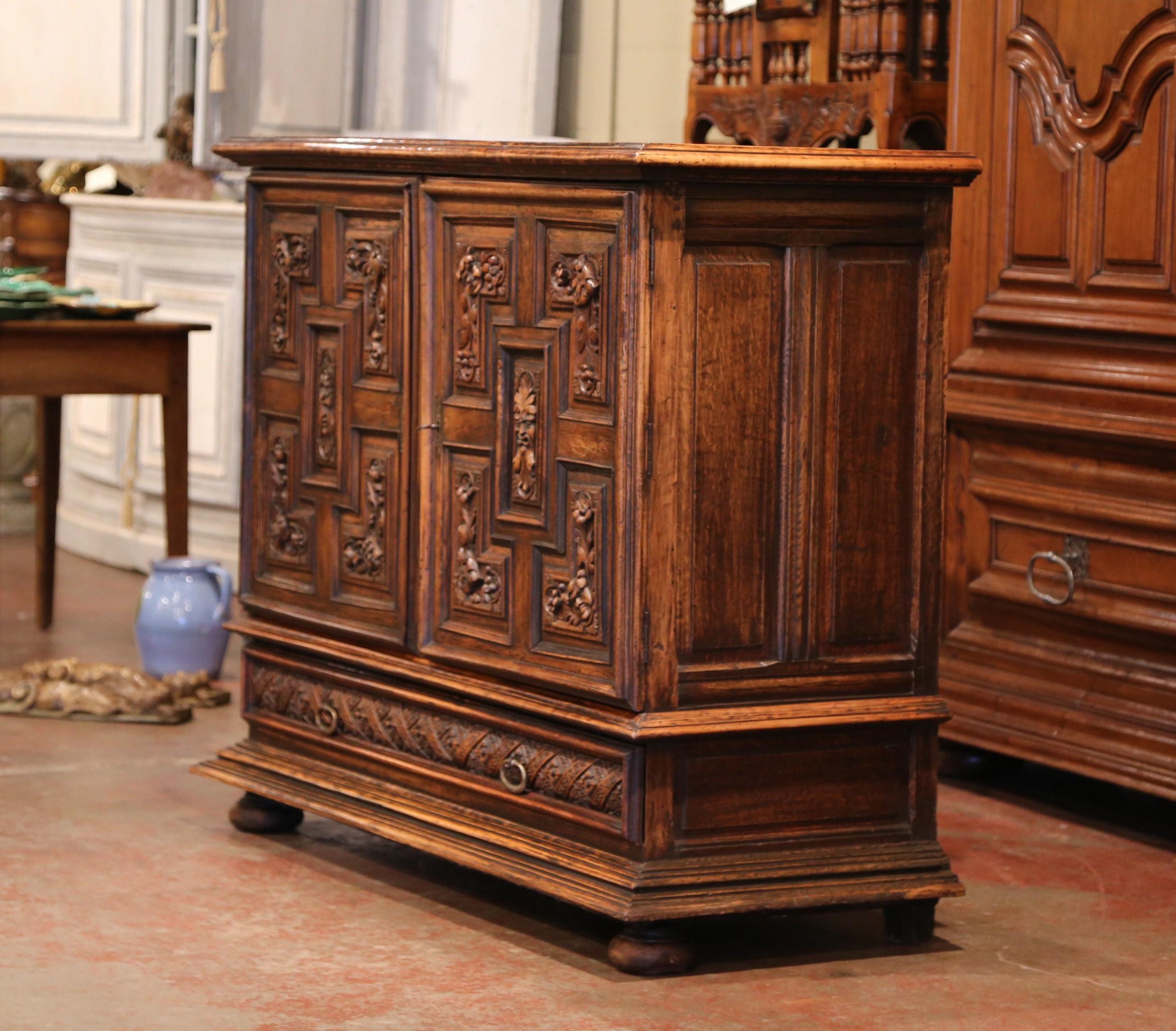 19th Century Italian Carved Walnut Two-Door Buffet Cabinet with Bottom Drawer 1