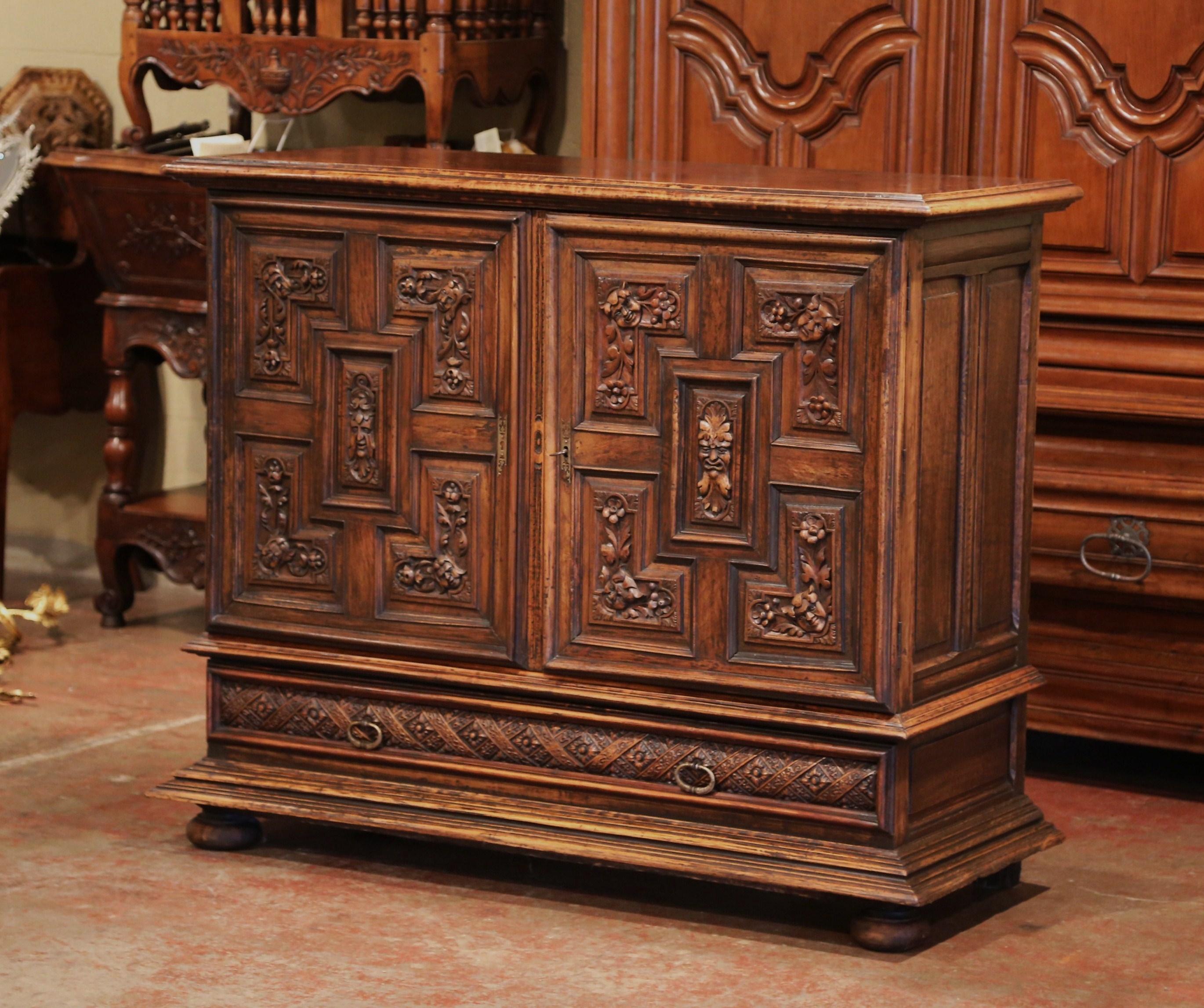 19th Century Italian Carved Walnut Two-Door Buffet Cabinet with Bottom Drawer 2