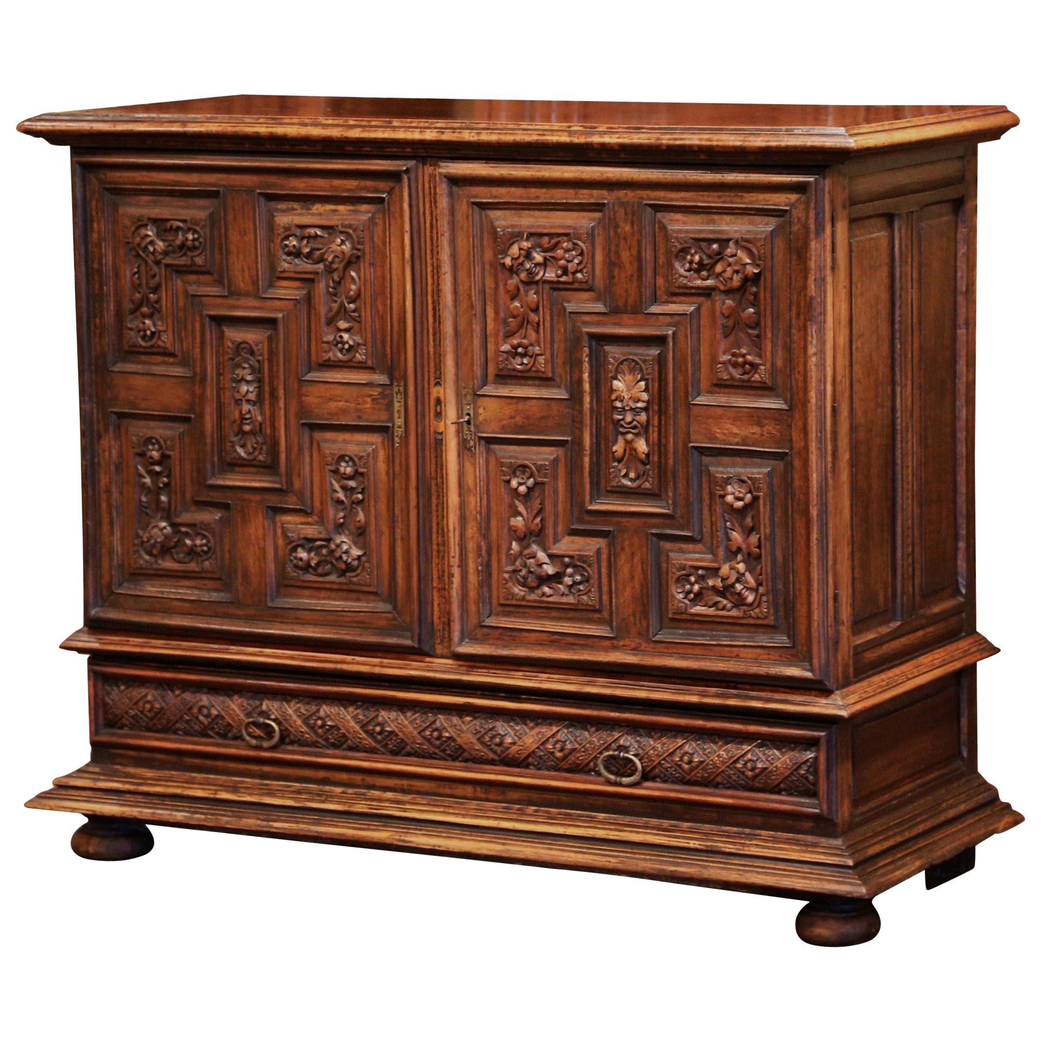19th Century Italian Carved Walnut Two-Door Buffet Cabinet with Bottom Drawer
