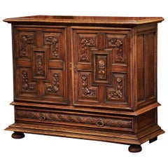 19th Century Italian Carved Walnut Two-Door Buffet Cabinet with Bottom Drawer