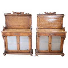 Antique 19th Century Italian Carved Walnut Wood Pair of Vitrine