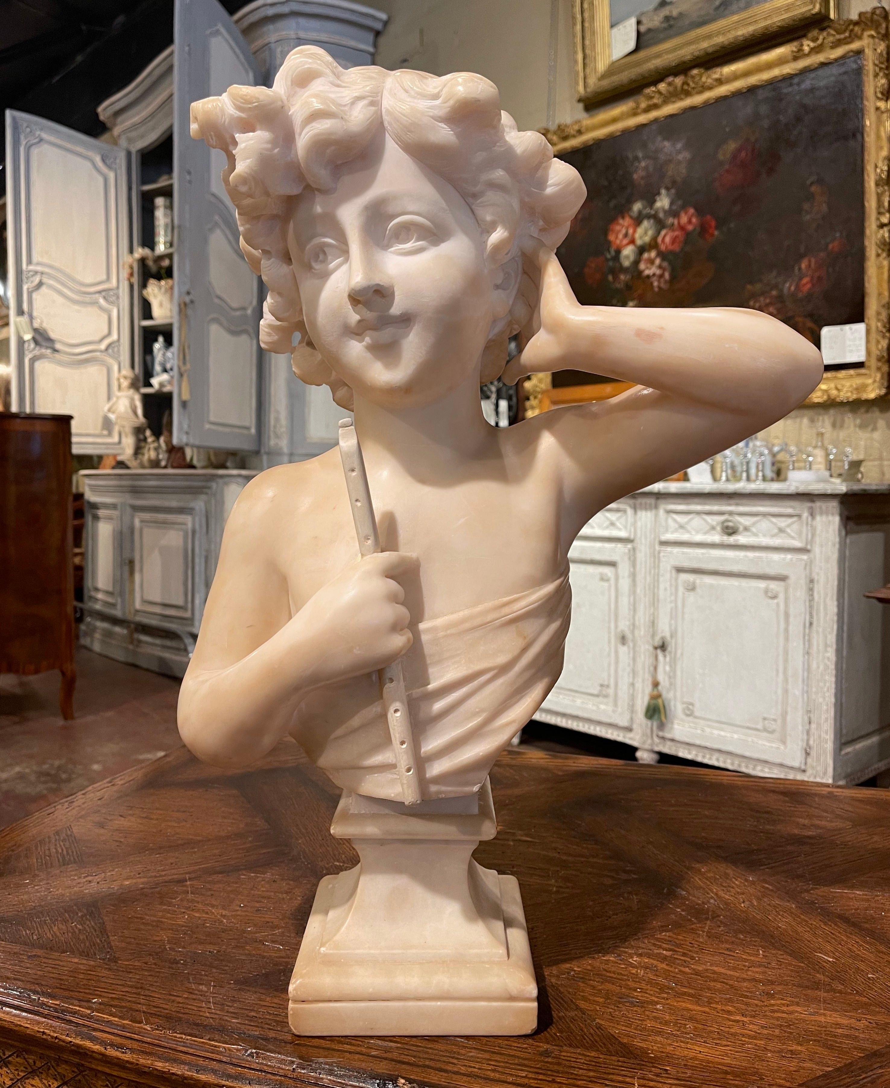 Hand-Carved 19th Century Italian Carved White Marble Bust of Girl with Flute Signed Purini