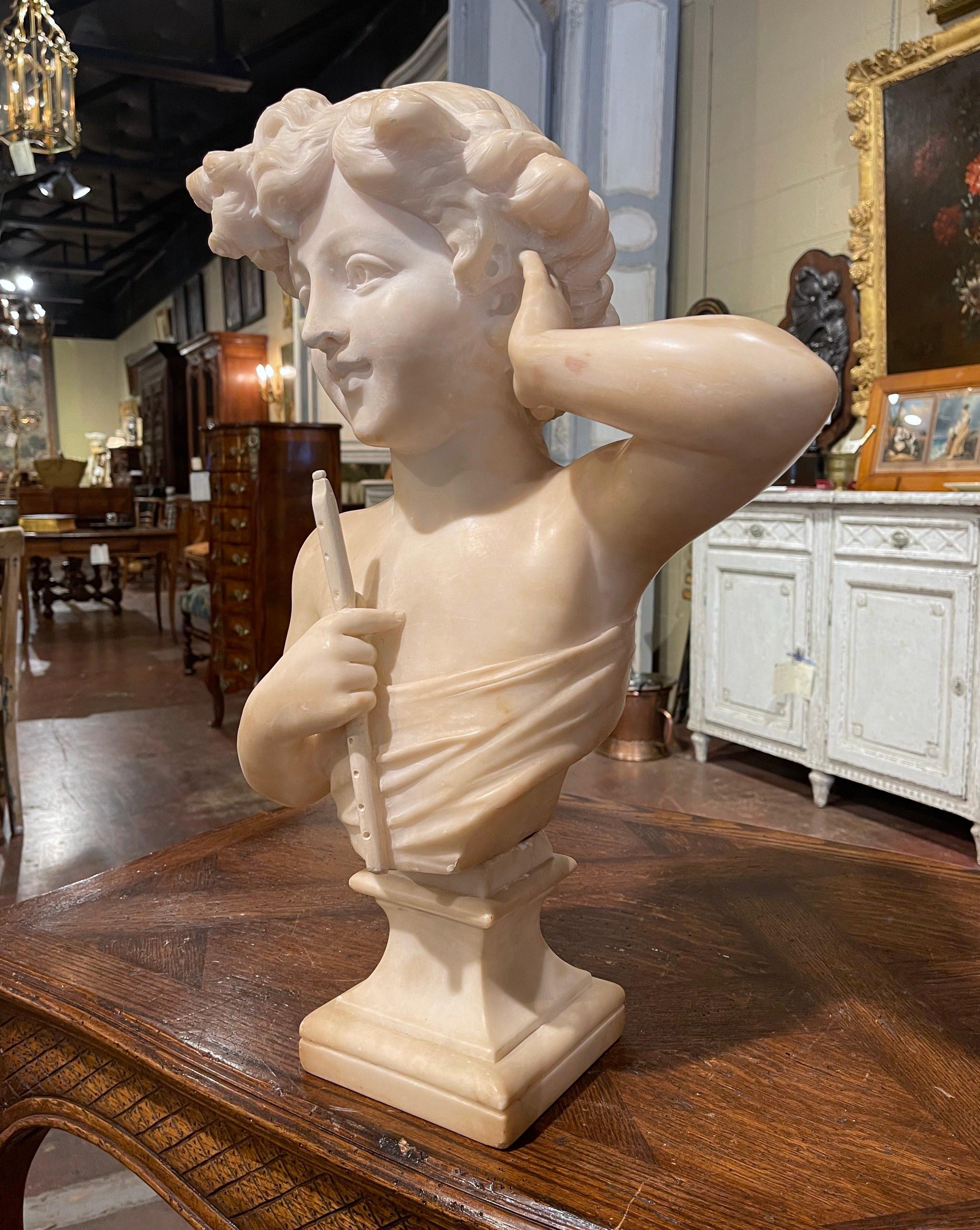 19th Century Italian Carved White Marble Bust of Girl with Flute Signed Purini In Excellent Condition In Dallas, TX