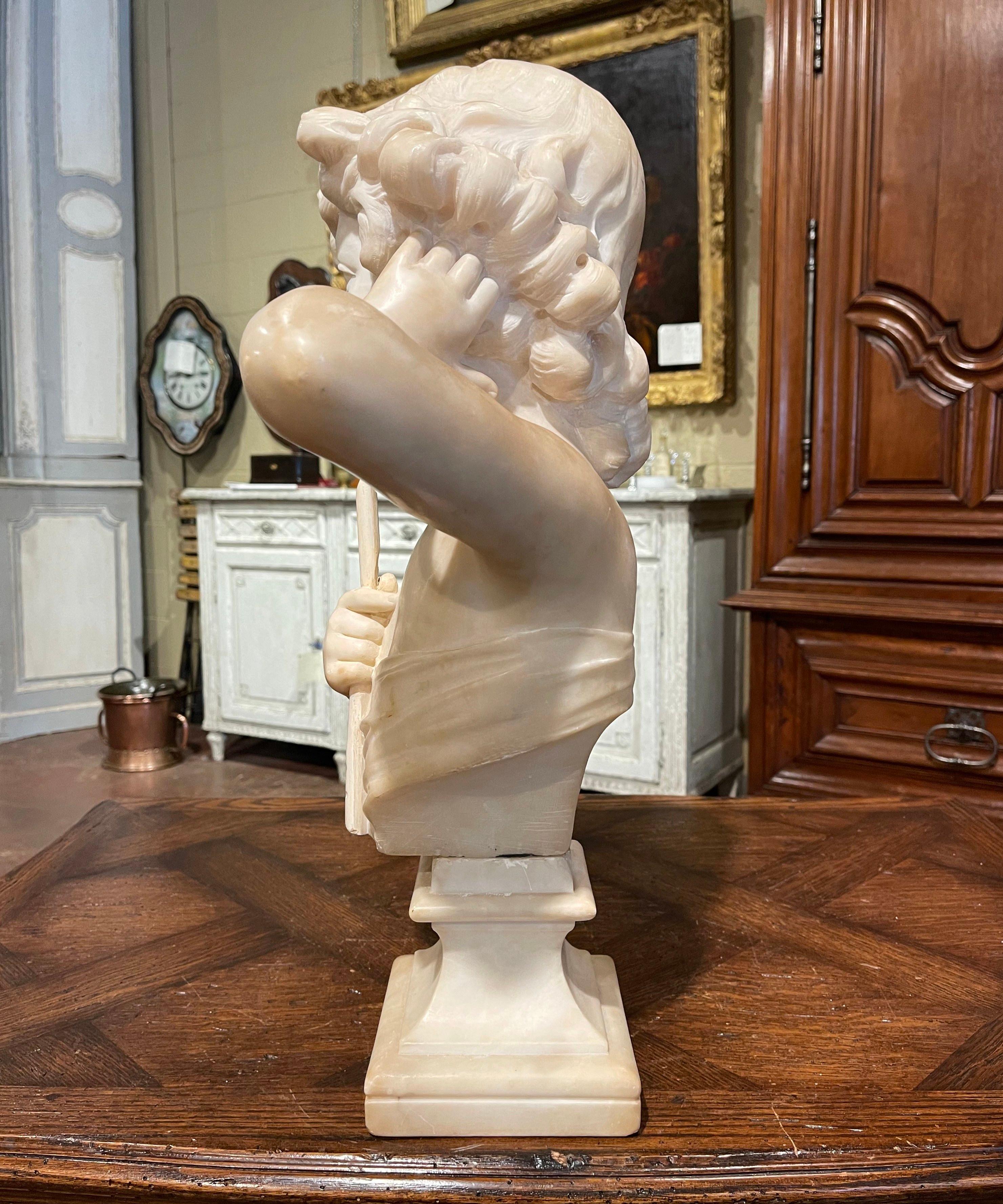 19th Century Italian Carved White Marble Bust of Girl with Flute Signed Purini 1