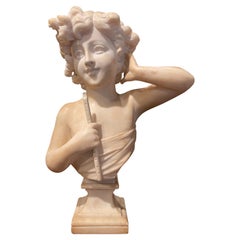 19th Century Italian Carved White Marble Bust of Girl with Flute Signed Purini