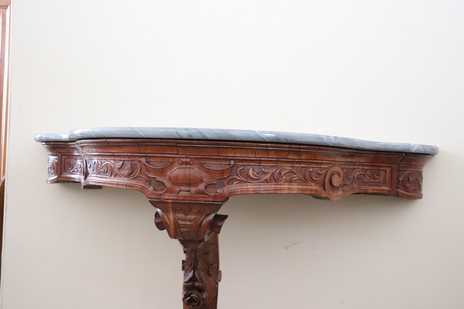 Mid-19th Century 19th Century Italian Carved Wood Antique Console Table with Marble Top For Sale