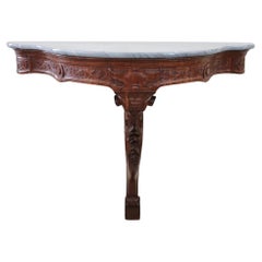 Table console italienne ancienne du 19ème siècle en bois sculpté avec plateau en marbre