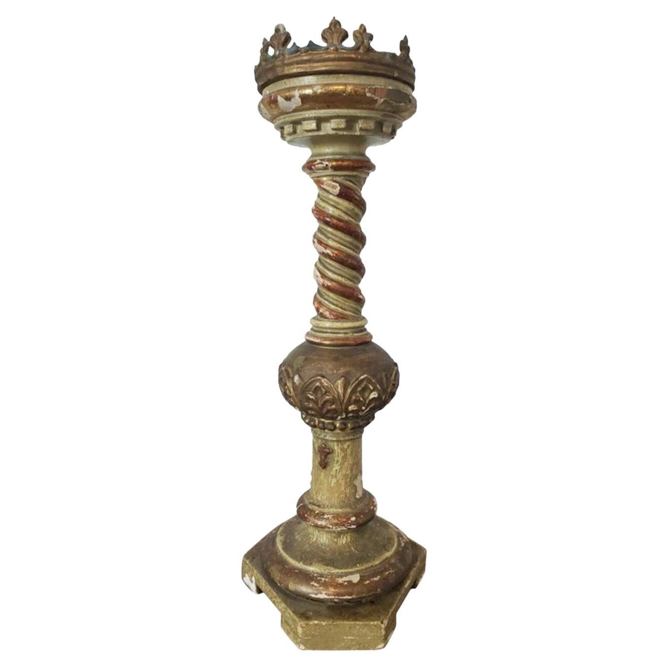 Antique Italian Carved Polychrome Wood Church Altar Candle Stand Pricket For Sale