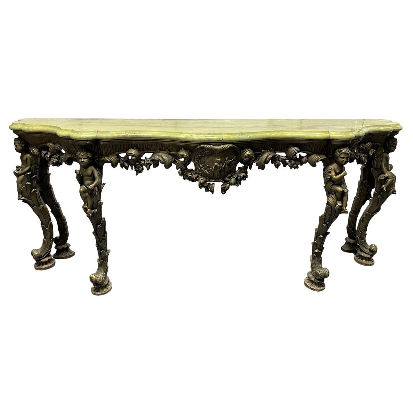 19th Century Italian Carved Wood Marble-Top Console with Puttis For Sale