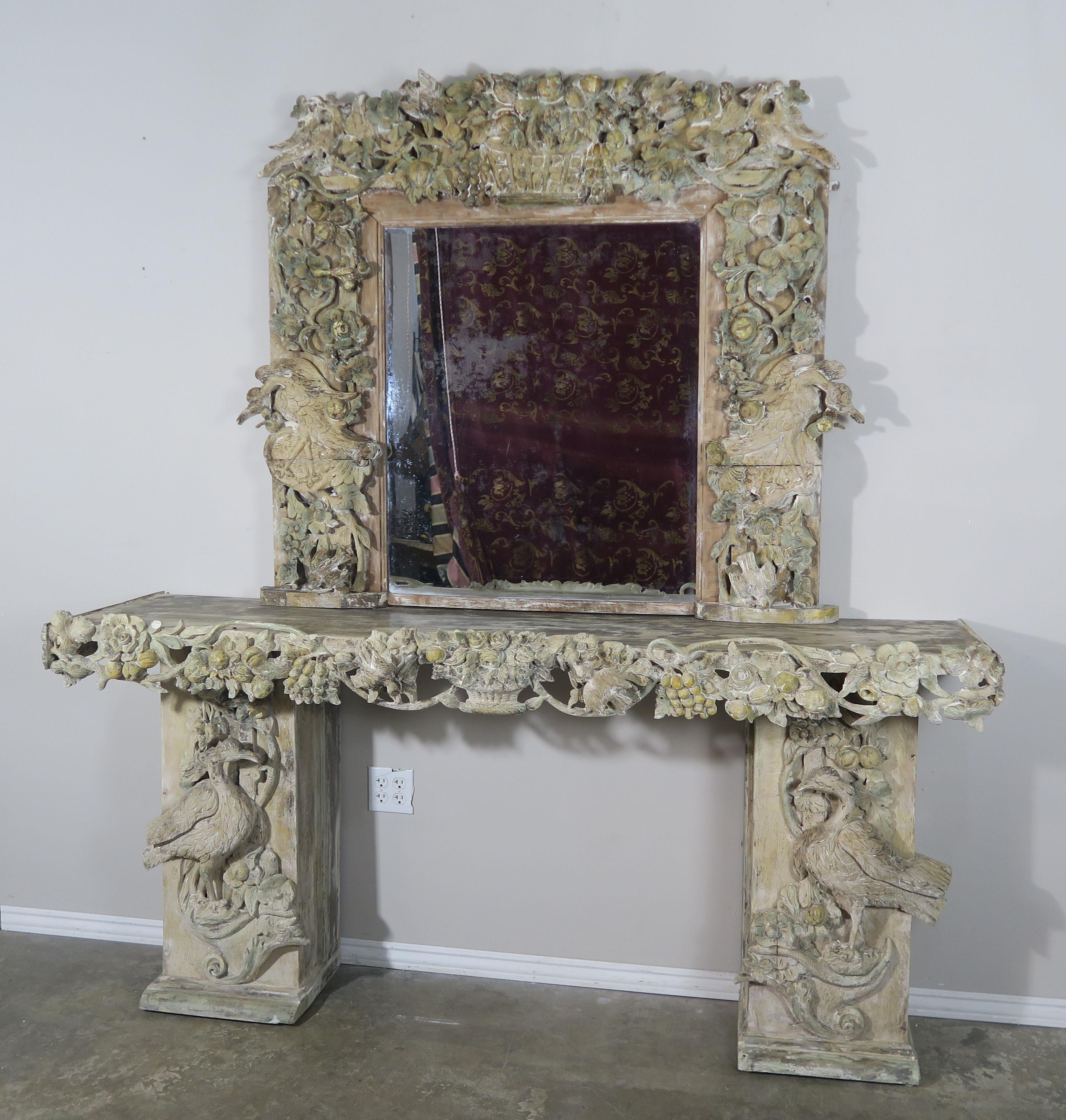 19th Century Italian Carved Wood Painted Console and Mirror 4