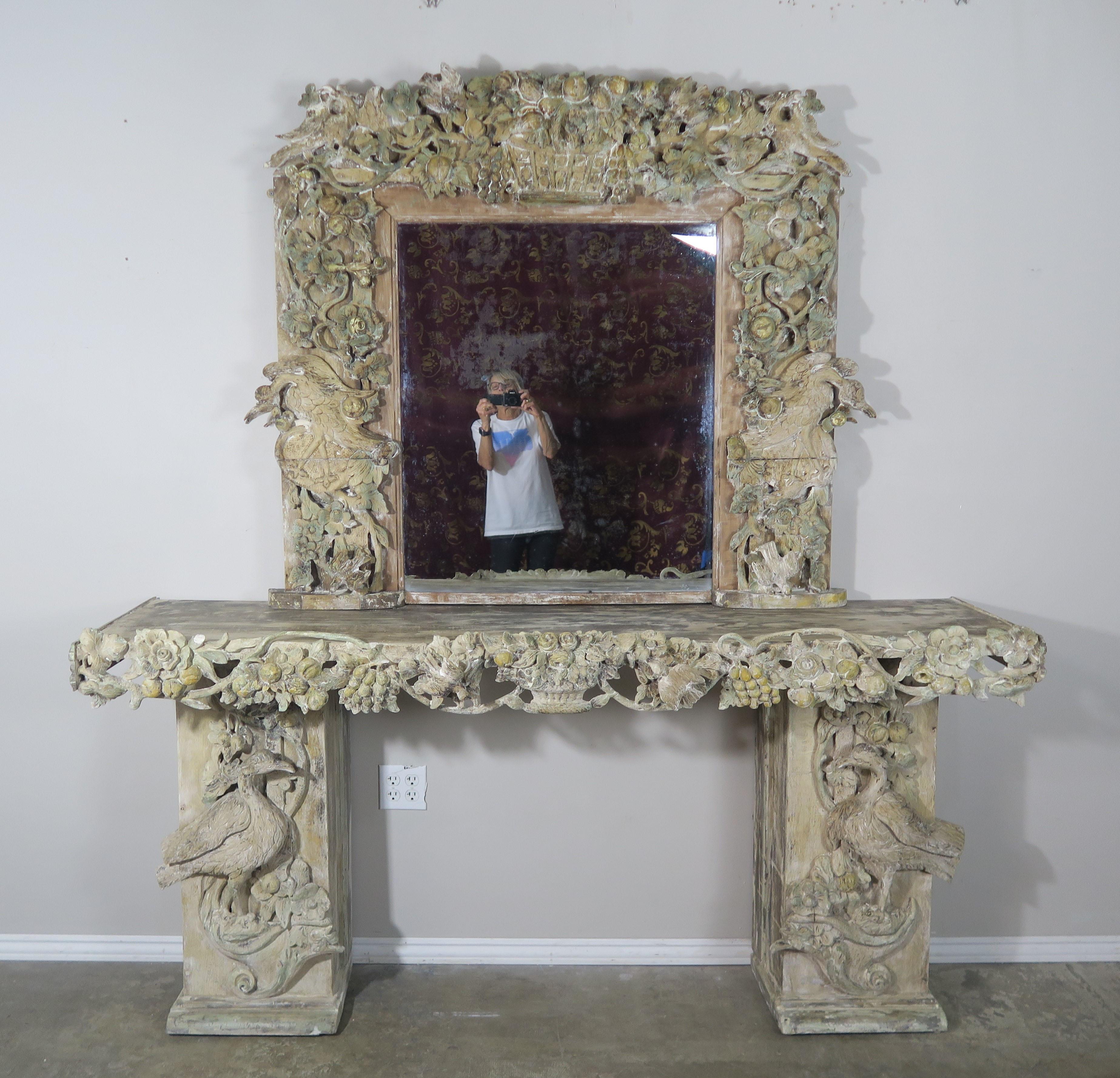 19th Century Italian Carved Wood Painted Console and Mirror 6