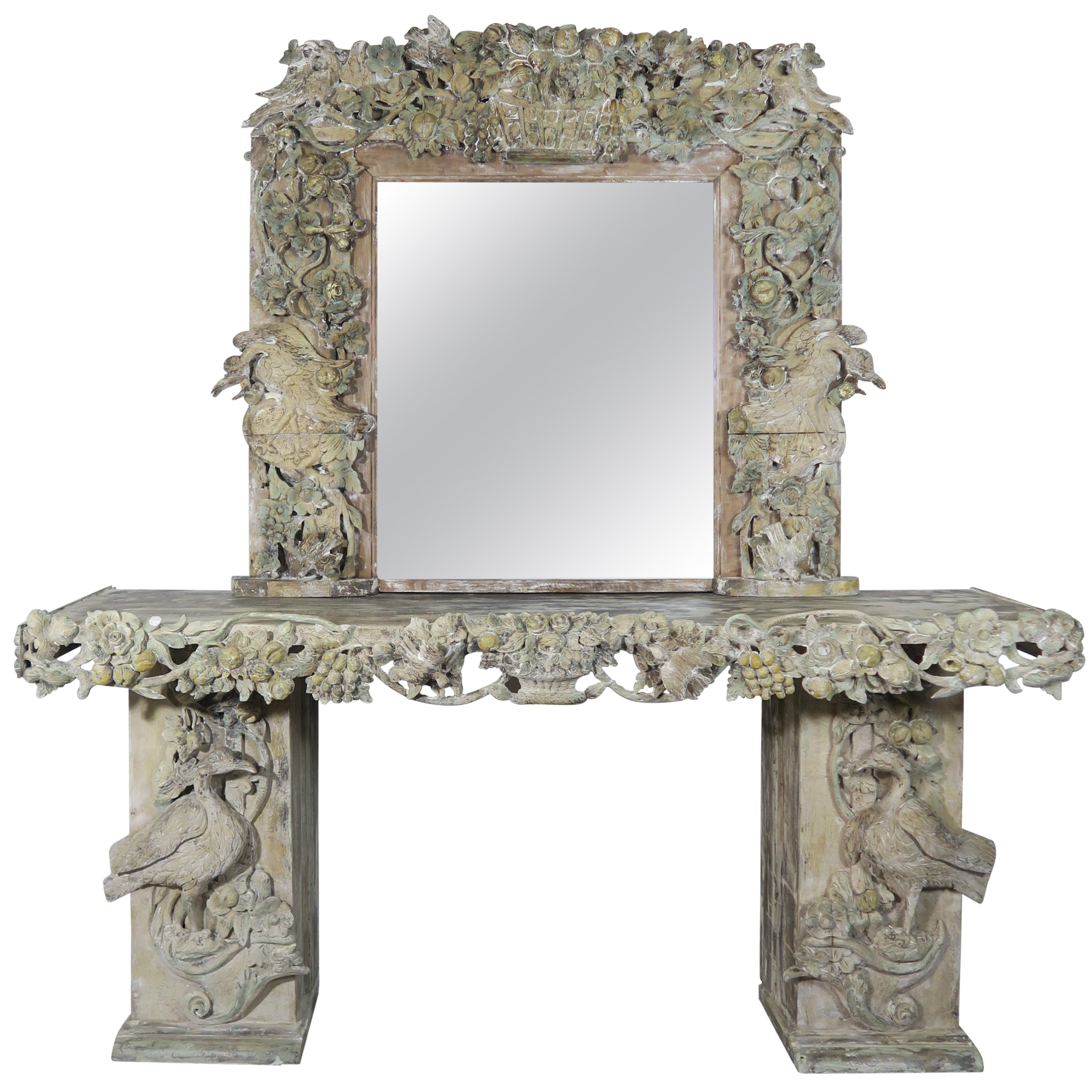 19th Century Italian Carved Wood Painted Console and Mirror